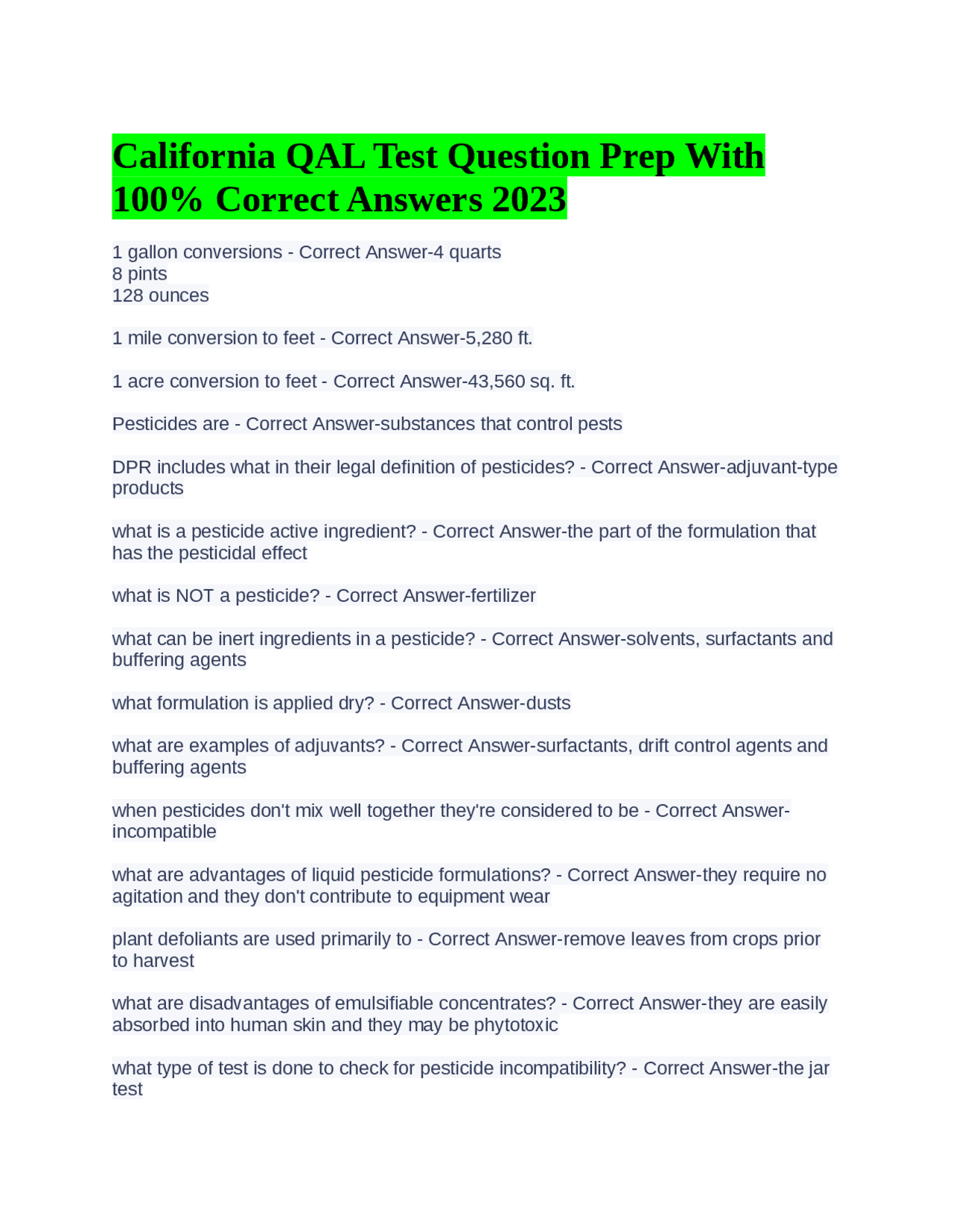 California QAL Test Question Prep With 100% Correct Answers 2023 | Exams Advanced Education ...