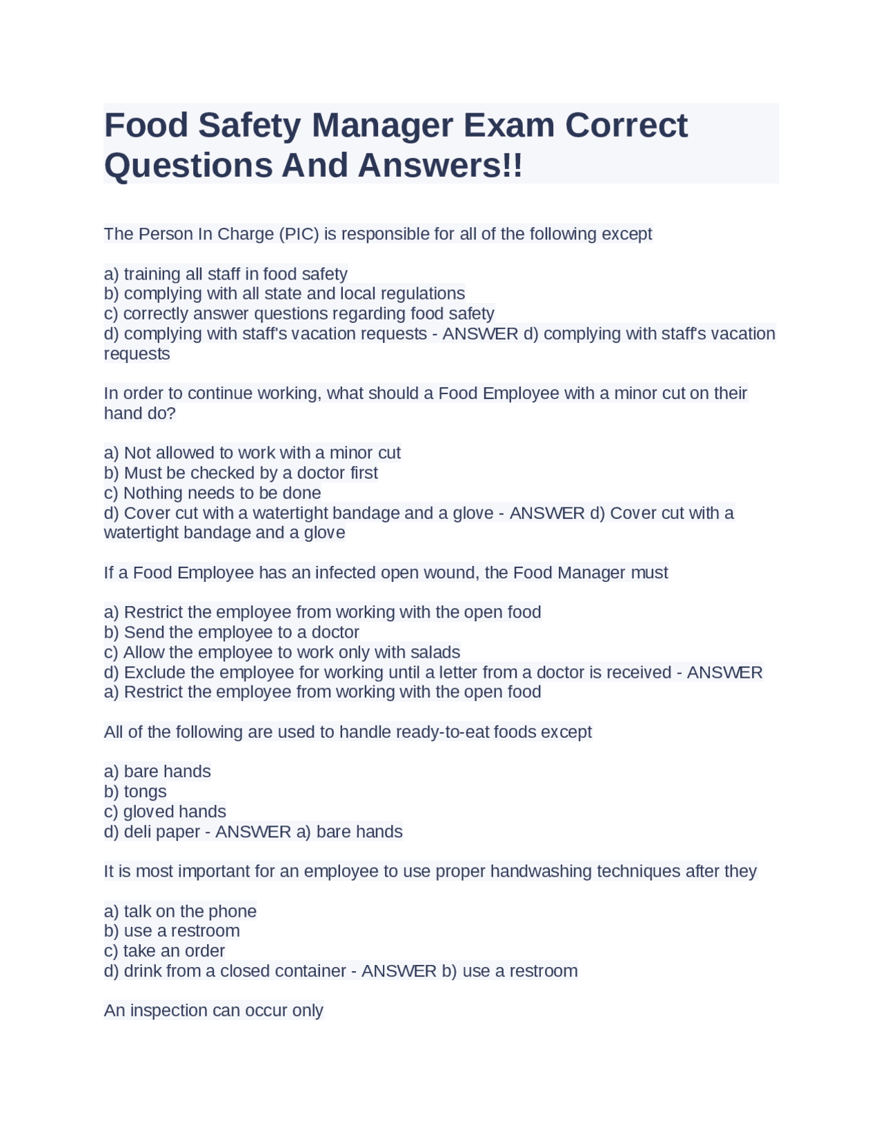 Food Safety Manager Exam Correct Questions And Answers!! Exams