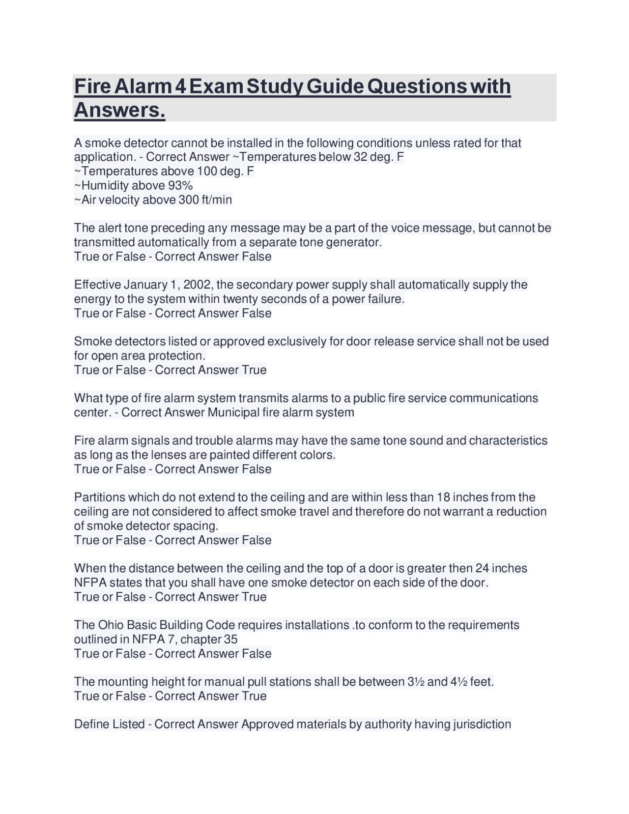 Fire Alarm 4 Exam Study Guide Questions with Answers. | Exams Safety ...