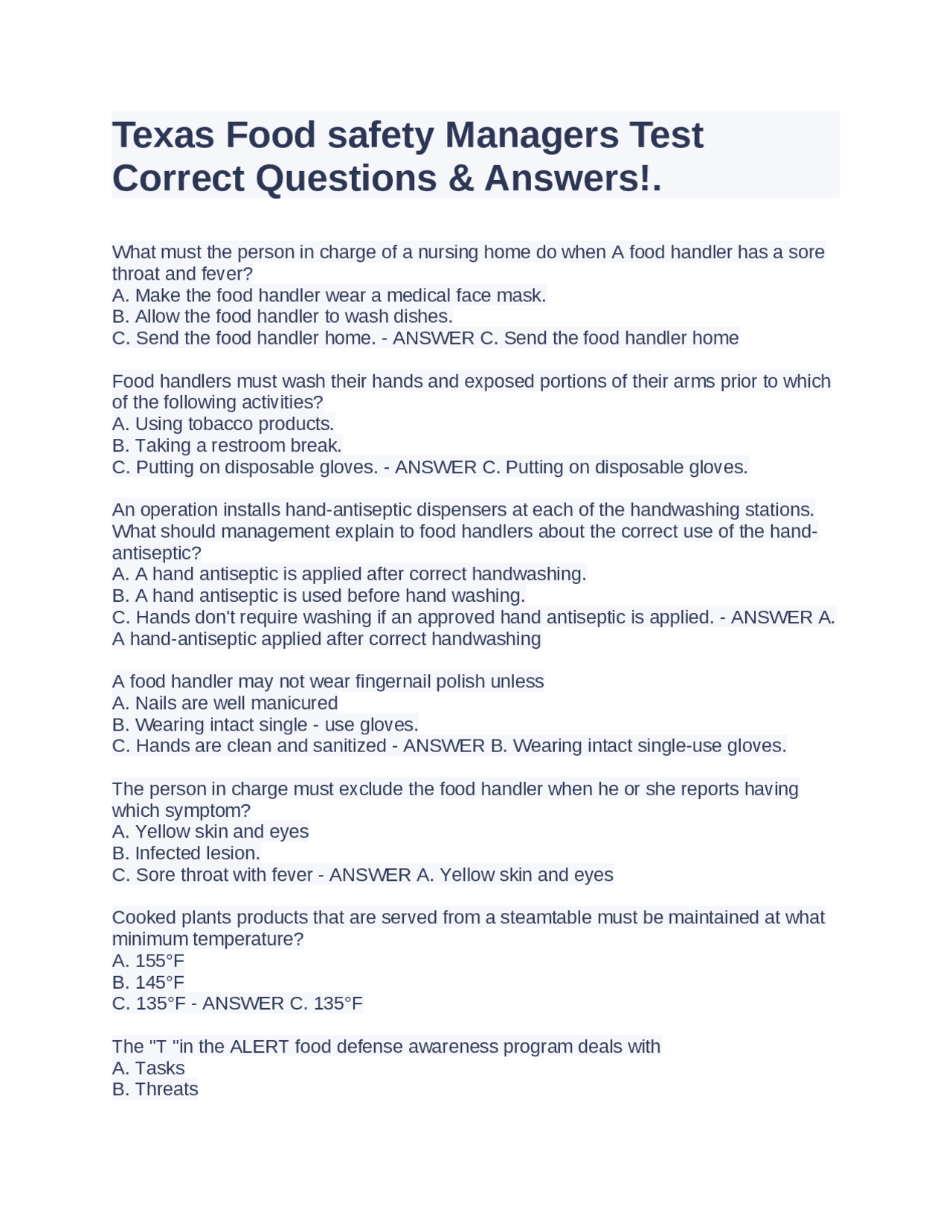 Texas Food safety Managers Test Correct Questions & Answers!. Exams