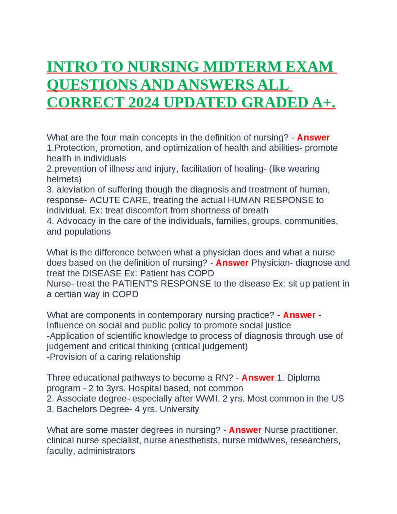 INTRO TO NURSING MIDTERM EXAM QUESTIONS AND ANSWERS ALL CORRECT 2024 ...