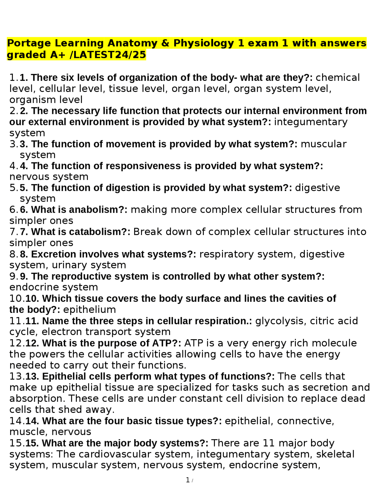 Portage Learning Anatomy & Physiology 1 exam 1 with answers graded A+ ...