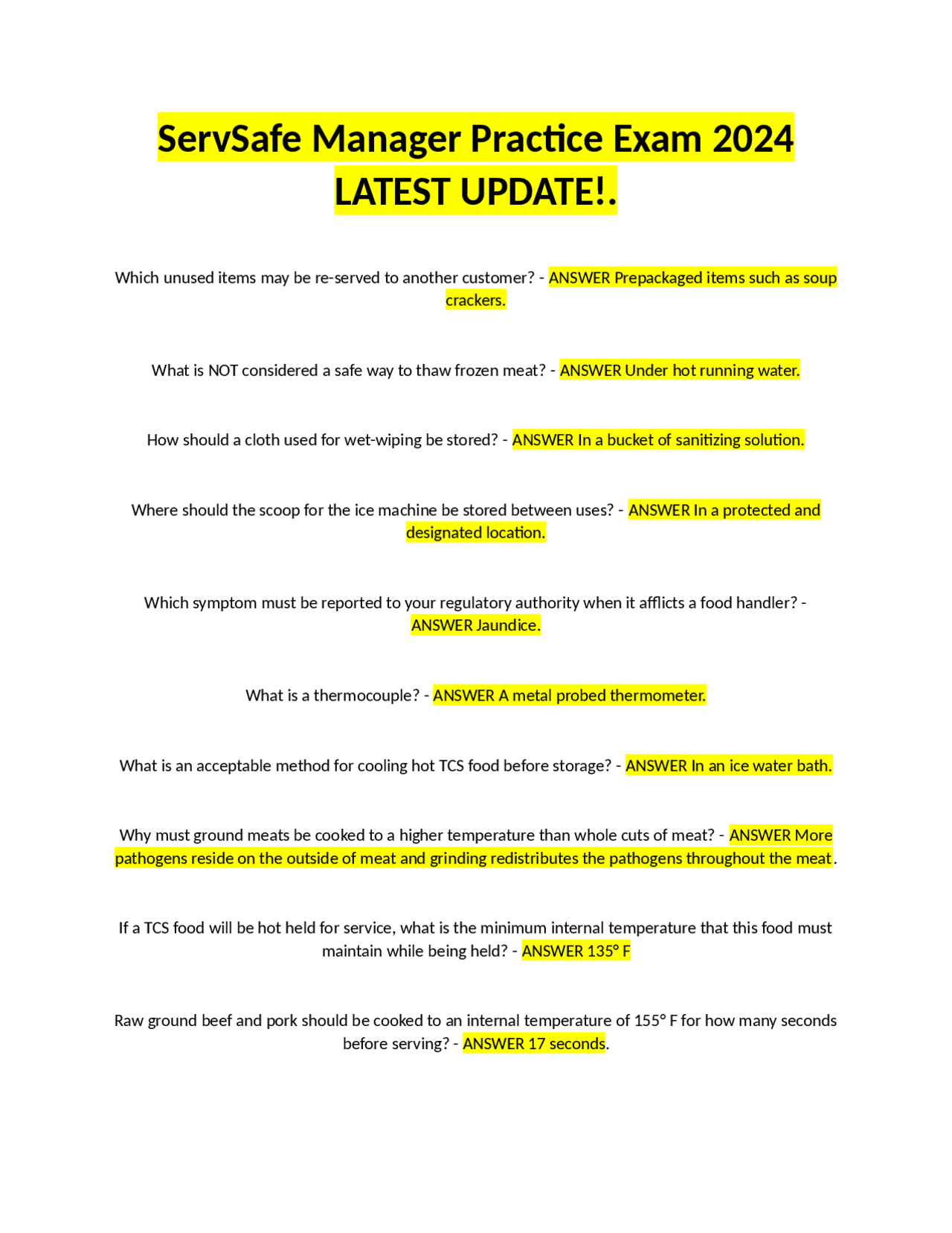 ServSafe Manager Practice Exam 2024 LATEST UPDATE!. Exams Nursing