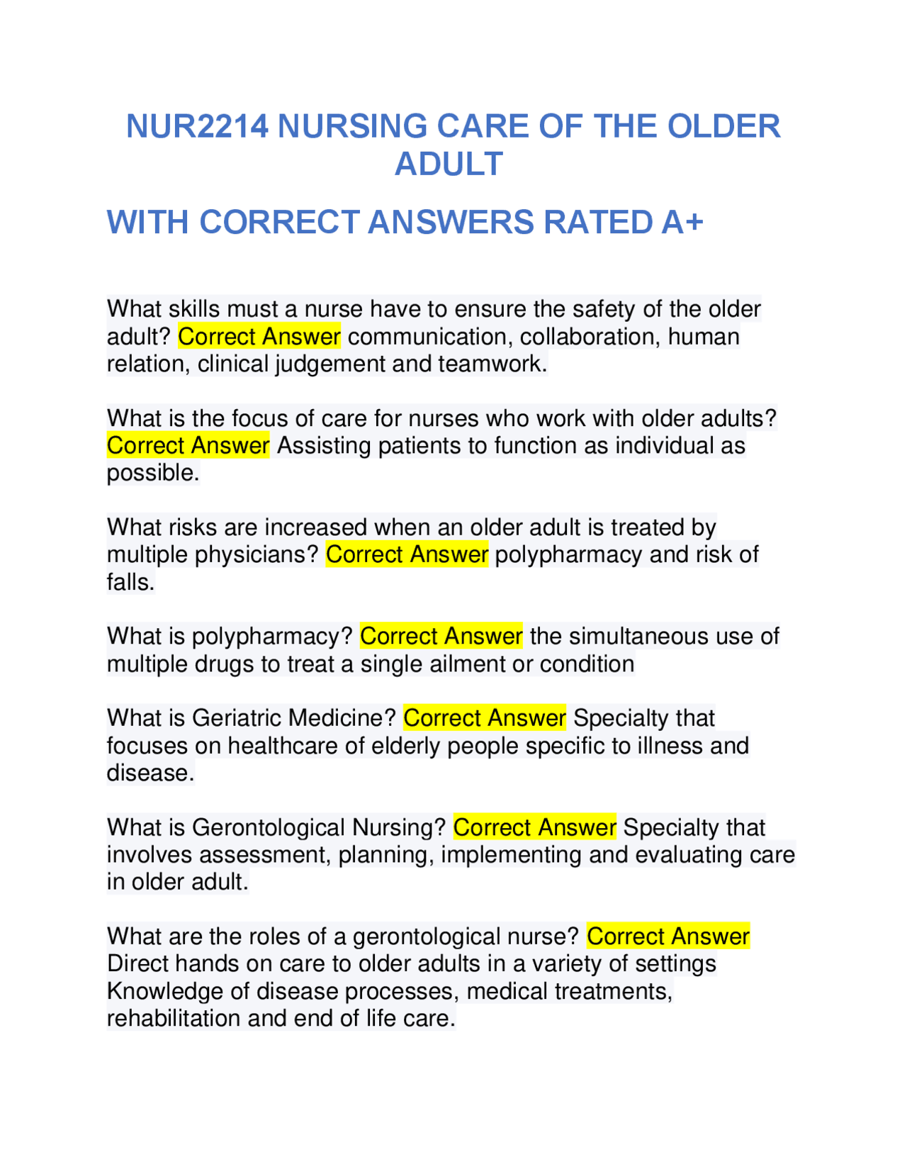 Nursing Care of the Older Adult | Exams Nursing | Docsity