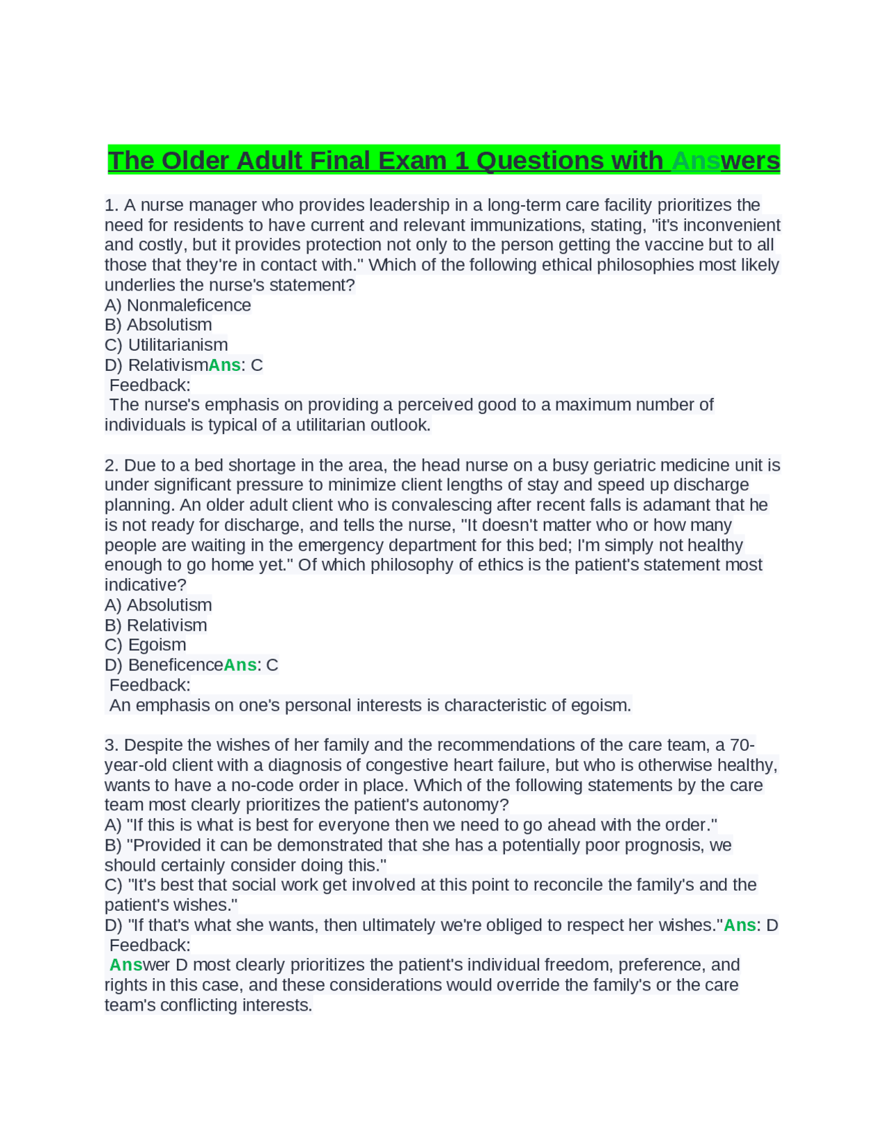 The Older Adult Final Exam 1 Questions with Answers | Exams Nursing ...
