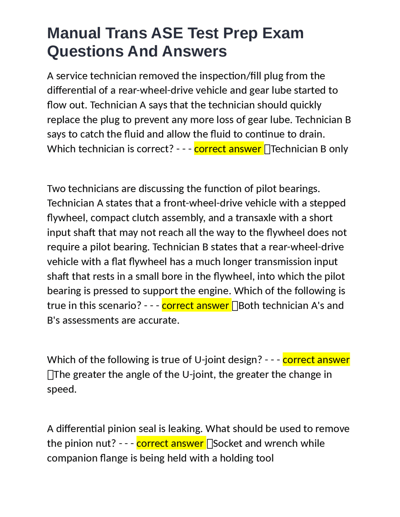 Manual Transmission Ase Test Prep Exam Exams Electrical And
