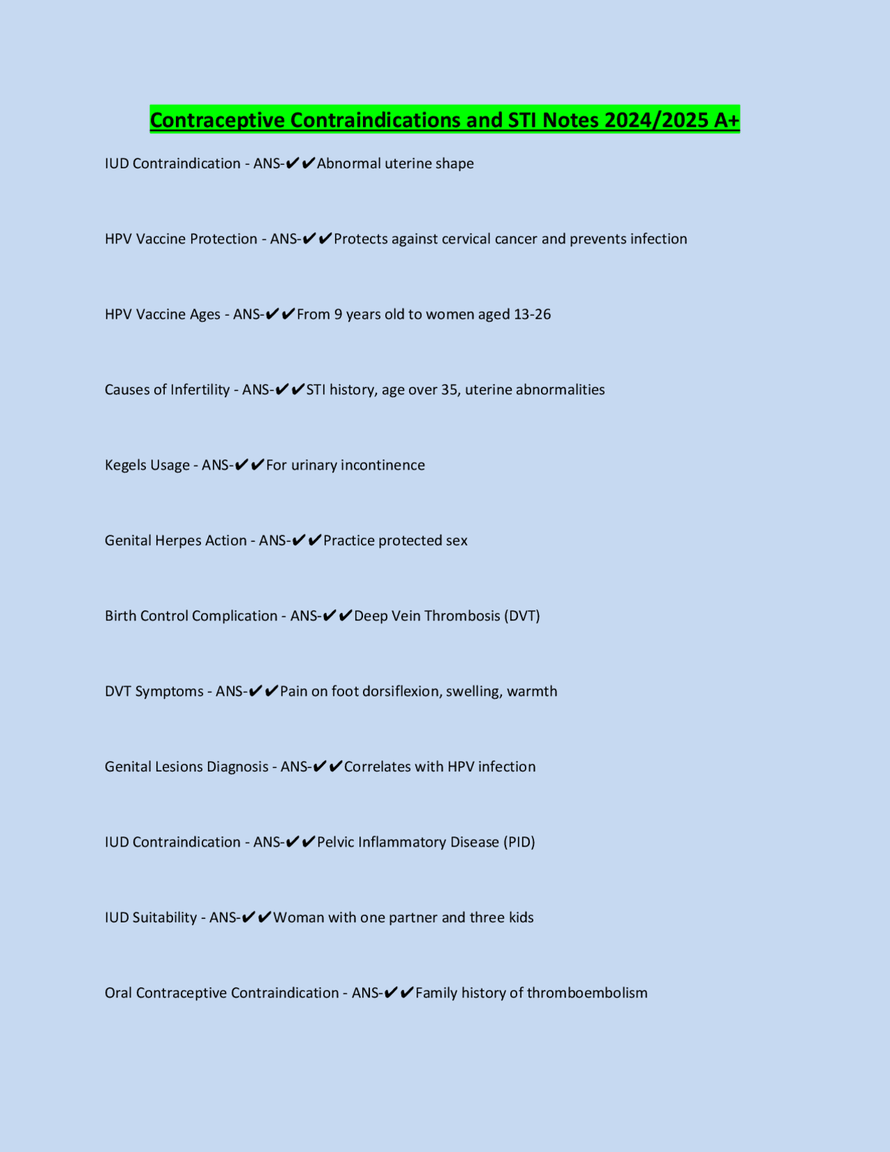 Sti Note Contraceptive Contraindications and STI Notes 2024/2025 A+ | Exams ...