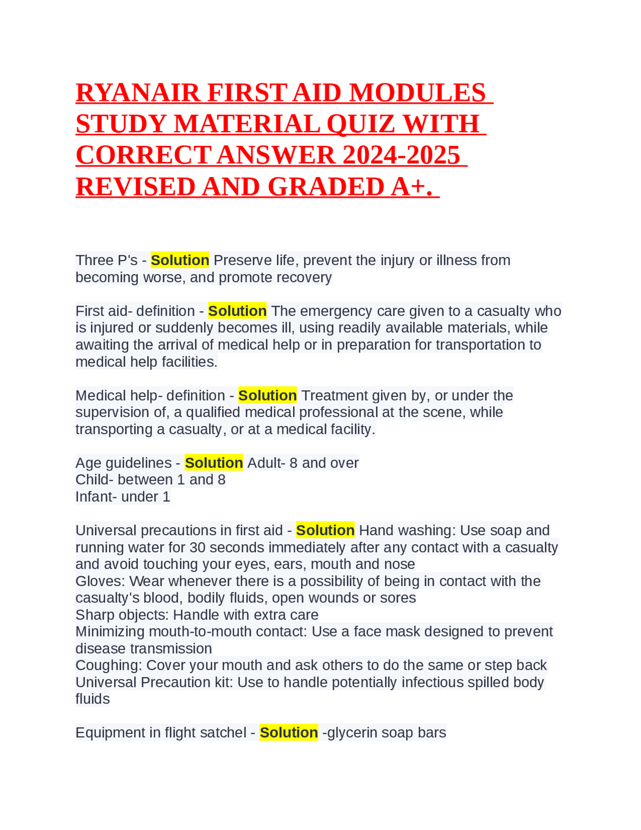 RYANAIR FIRST AID MODULES STUDY MATERIAL QUIZ WITH CORRECT ANSWER 2024 ...