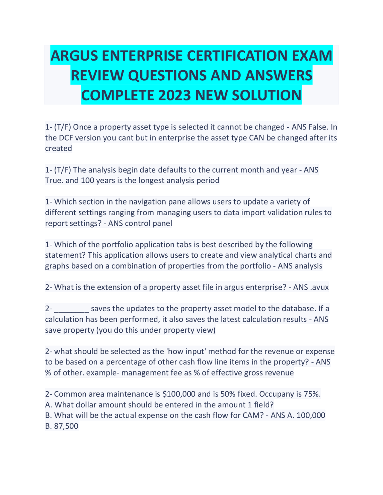 Argus Enterprise Software Usage and Calculations | Exams Advanced ...
