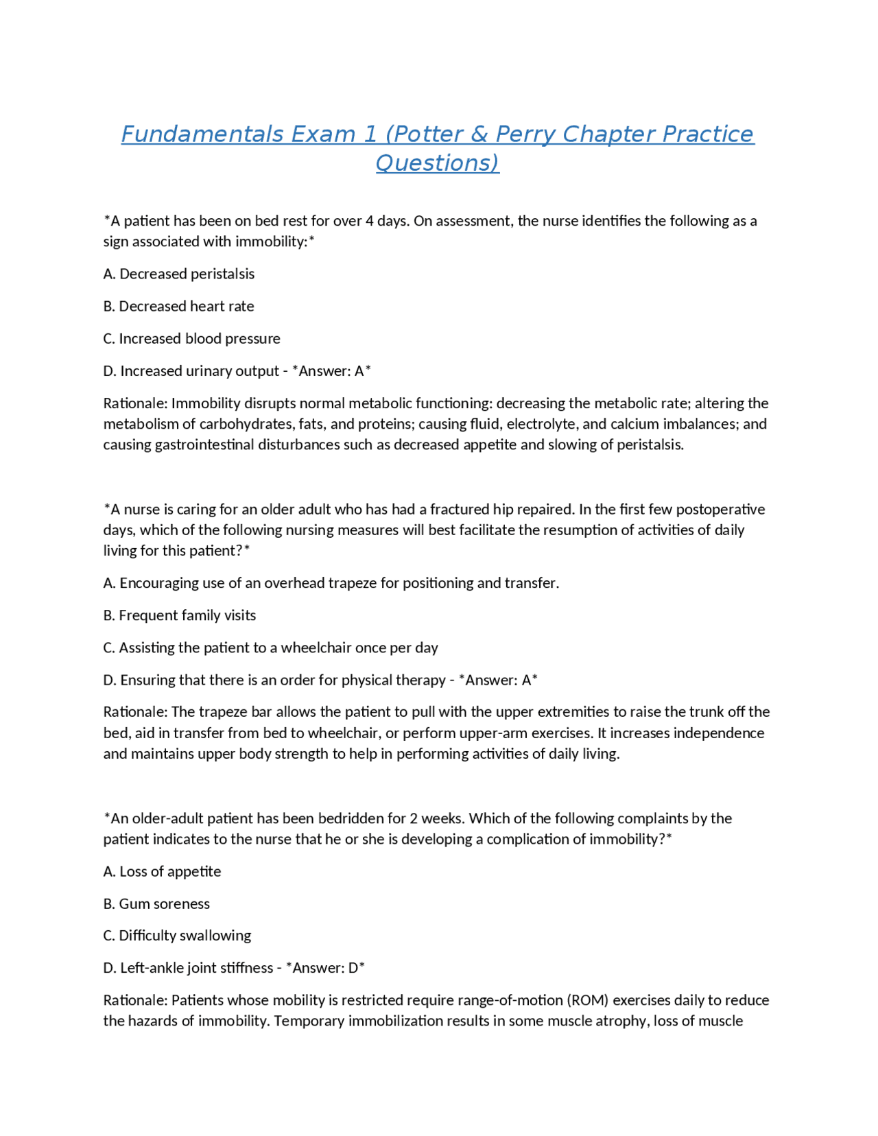 Fundamentals Exam 1 (Potter & Perry Chapter Practice Questions) | Exams ...