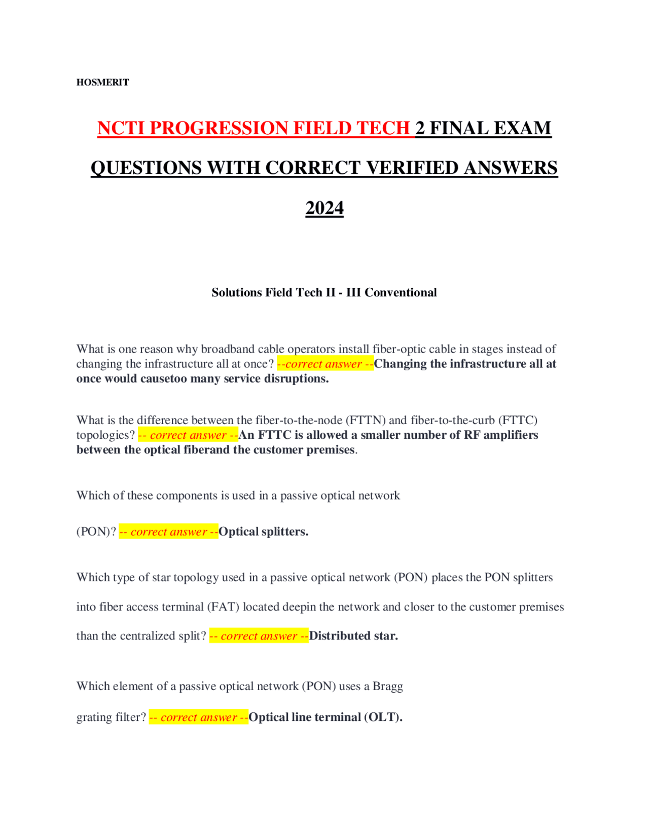 NCTI PROGRESSION FIELD TECH 2 FINAL EXAM QUESTIONS WITH CORRECT VERIFIED ANSWERS 2024 | Exams ...