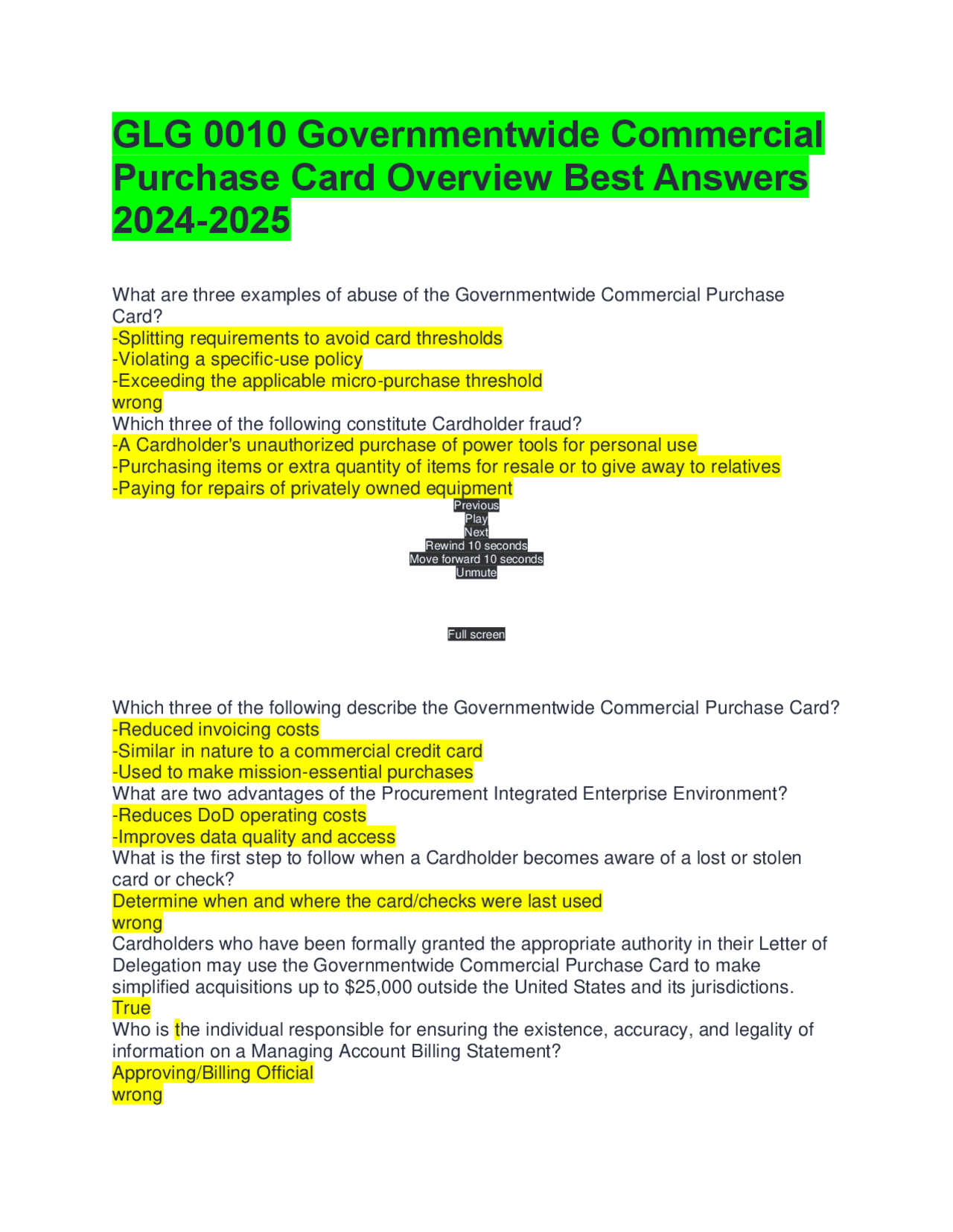 GLG 0010 Governmentwide Commercial Purchase Card Overview Best Answers ...
