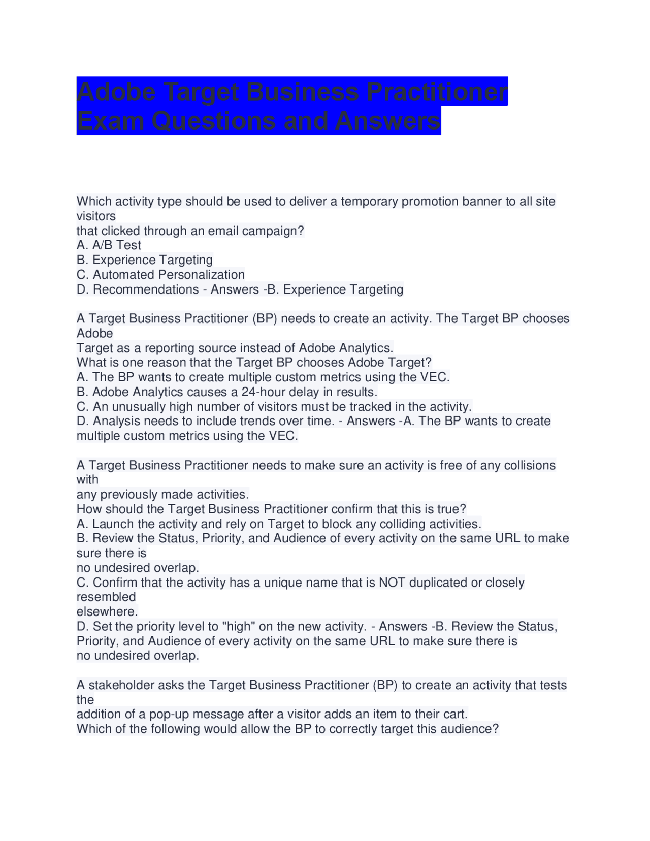 Adobe Target Business Practitioner Exam Questions and Answers | Exams ...