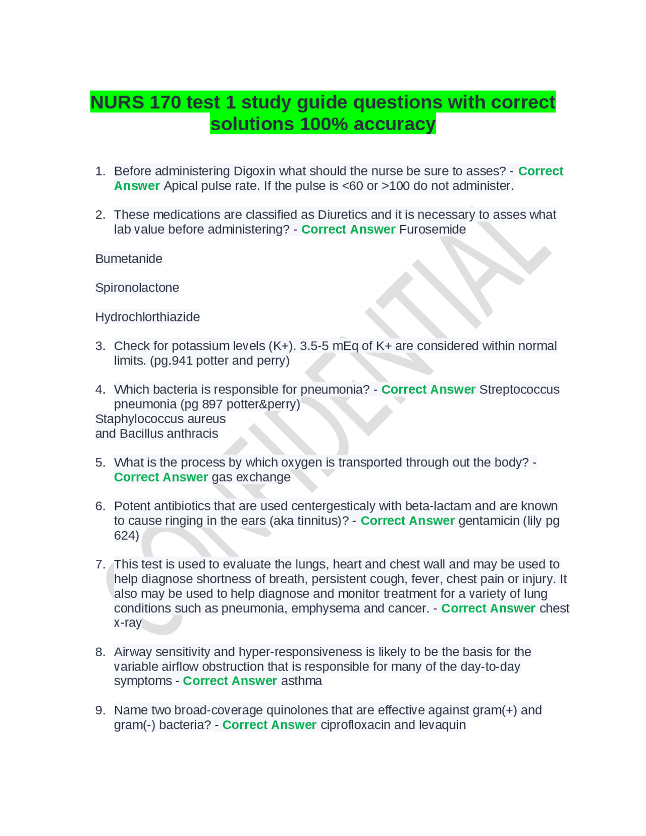 NURS 170 test 1 study guide questions with correct solutions 100% ...