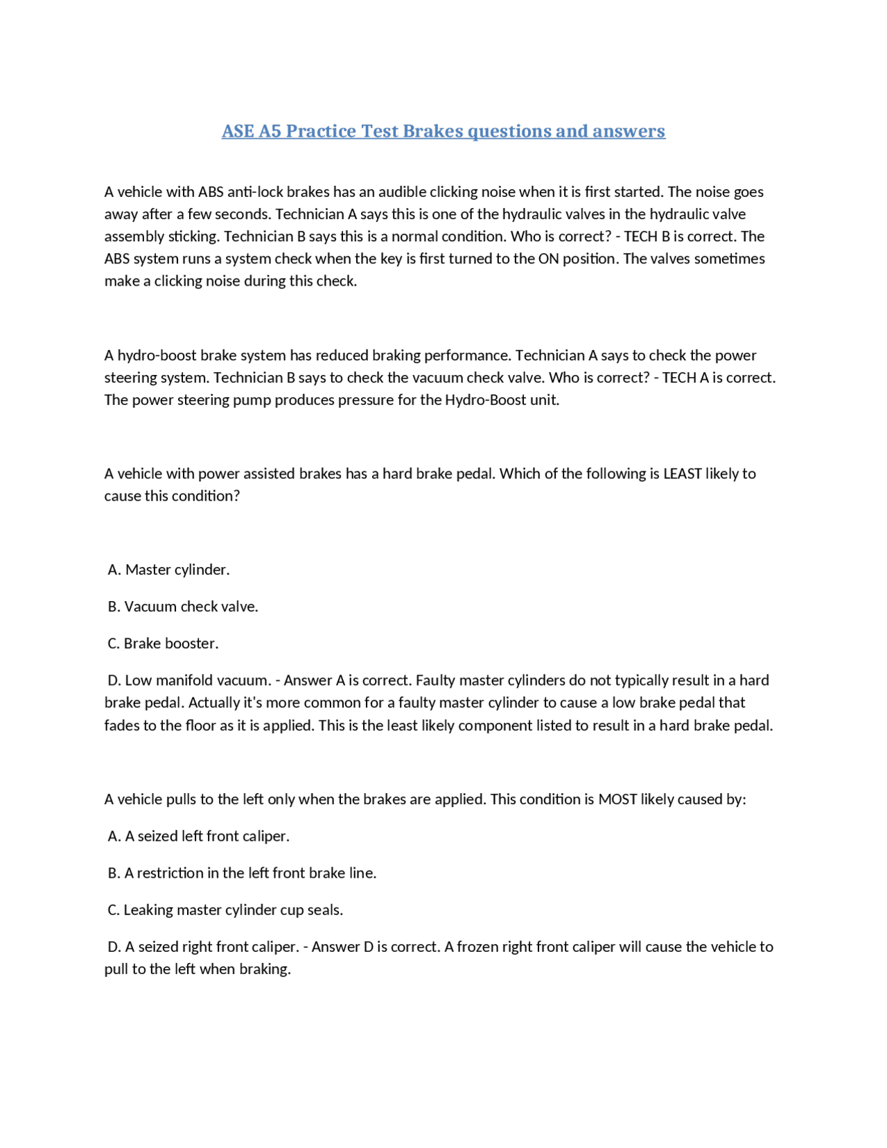ASE A5 Practice Test Brakes questions and answers | Exams Advanced ...