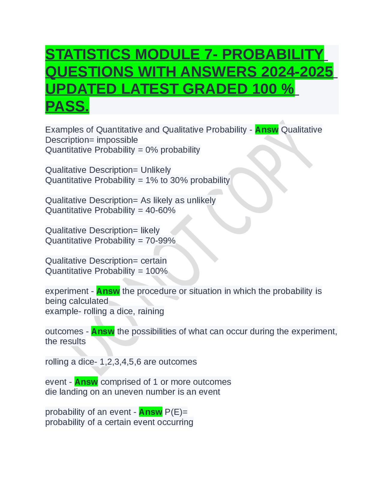 STATISTICS MODULE 7- PROBABILITY QUESTIONS WITH ANSWERS 2024-2025 ...