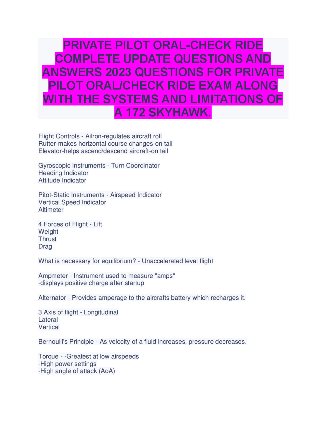Check Ride Pilot Pics Private Pilot Oral-Check Ride: Comprehensive Questions and Answers ...