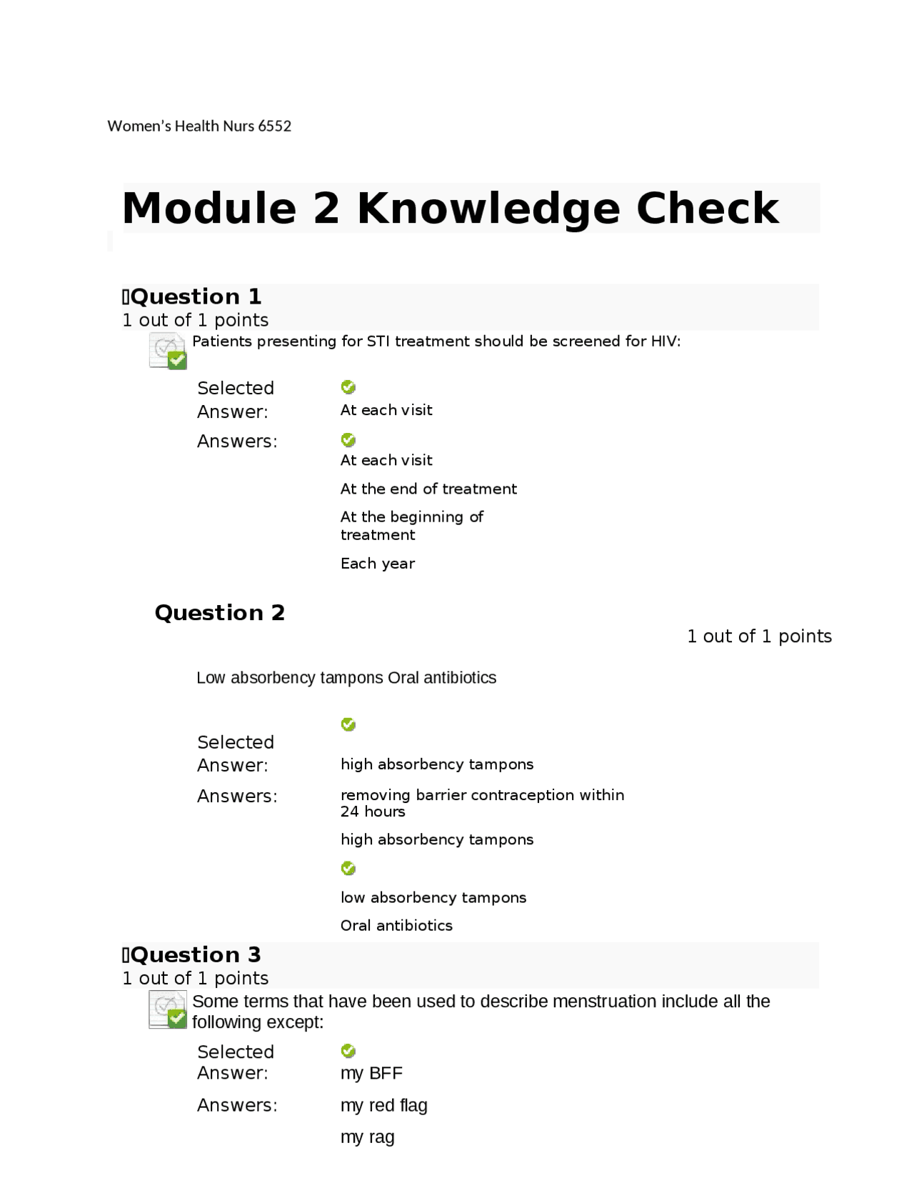 Women's Health Nursing Knowledge Check | Quizzes Nursing | Docsity