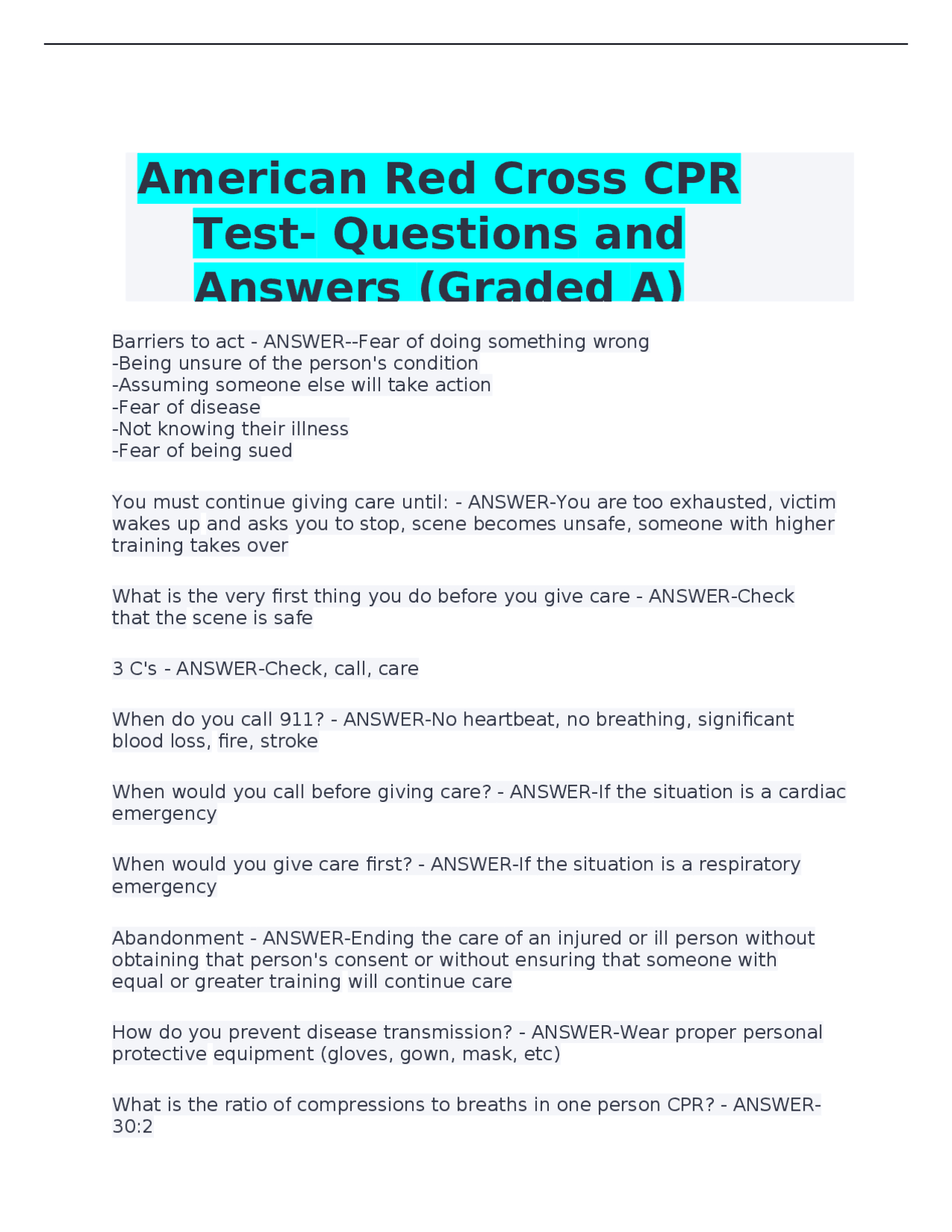 American Red Cross CPR Test- Questions and Answers (Graded A) | Exams ...