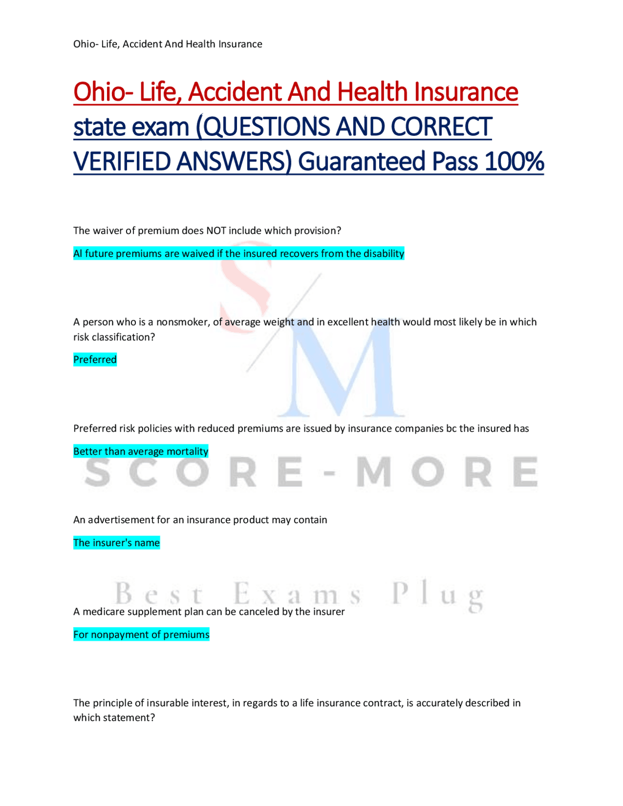 Ohio Life, Accident and Health Insurance Exam Questions and Answers ...