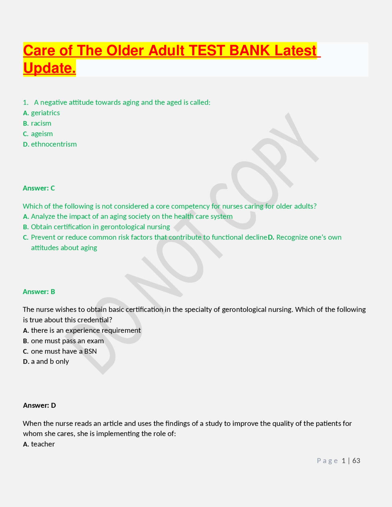 Care of The Older Adult TEST BANK Latest Update. | Exams Nursing | Docsity