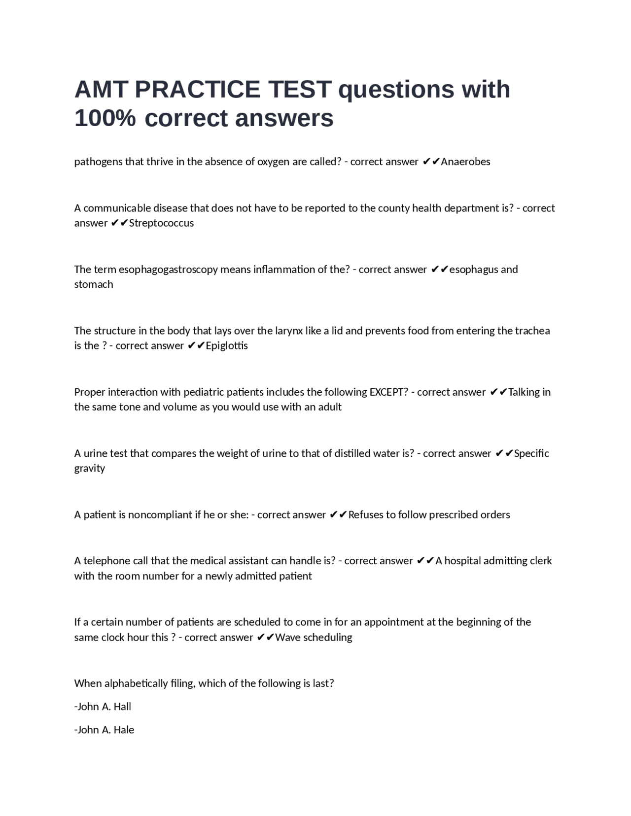 AMT Practice Test with 100% Correct Answers | Exams Nursing | Docsity