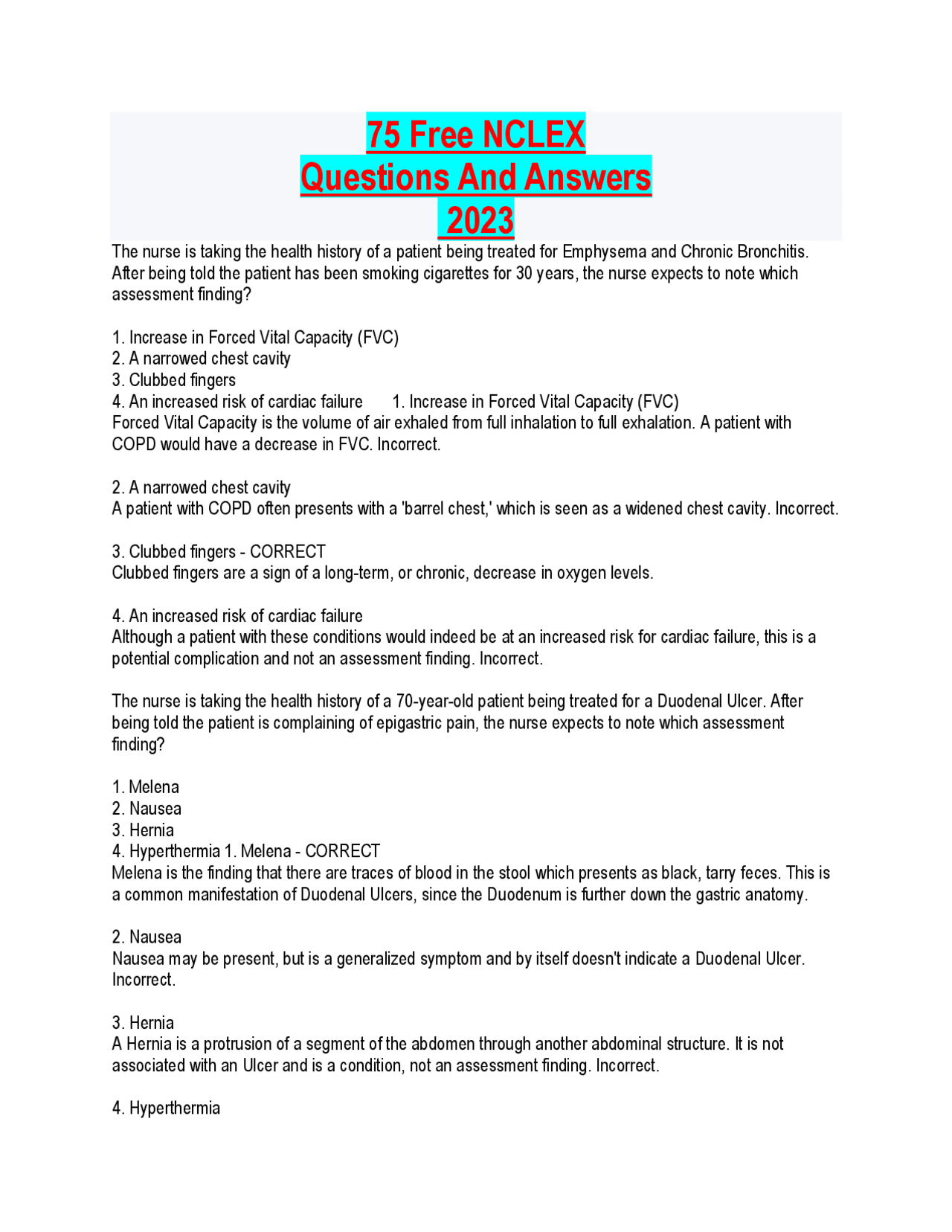 75 Free NCLEX Questions And Answers 2023 | Exams Nursing | Docsity