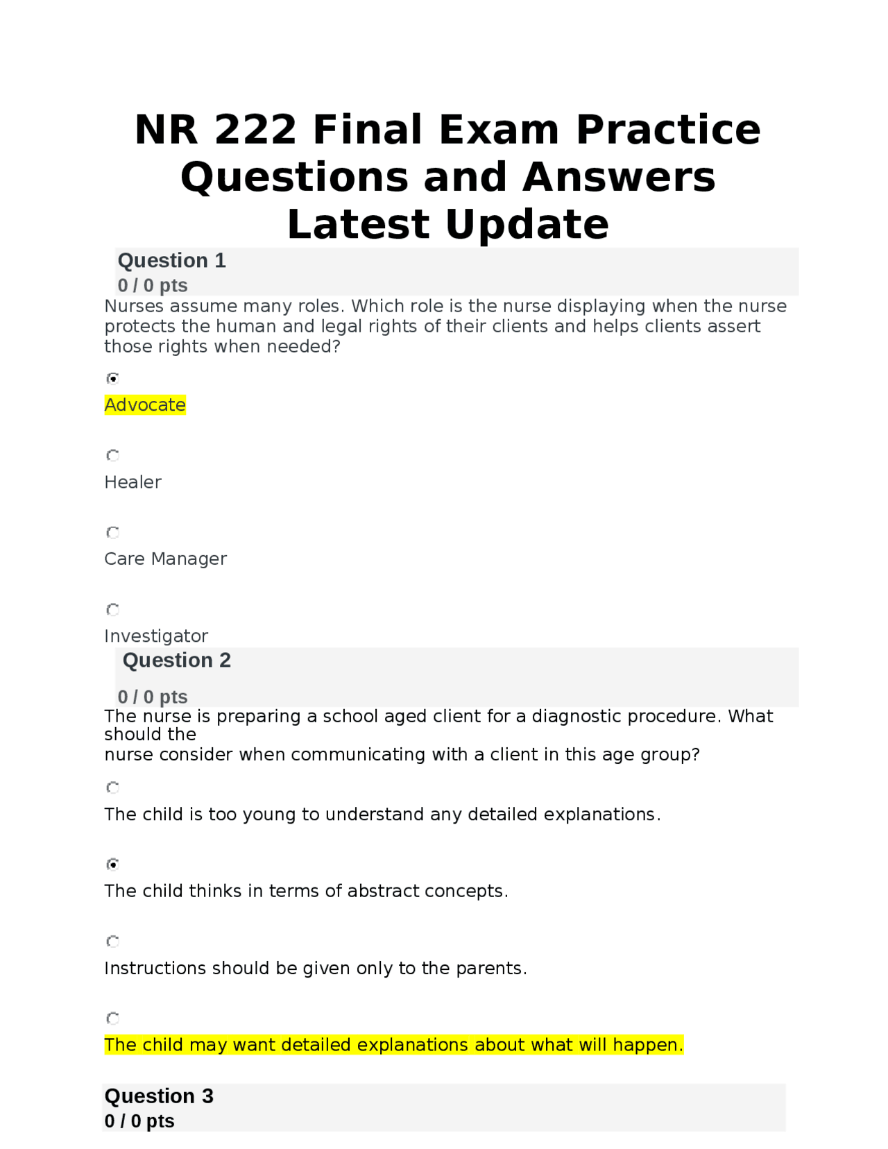 NR 222 Final Exam Practice Questions and Answers | Exams Nursing | Docsity