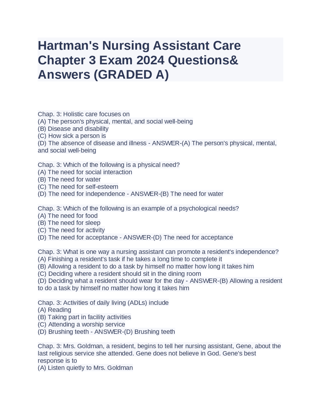 Hartman's Nursing Assistant Care Chapter 3 Exam 2024 Questions& Answers ...