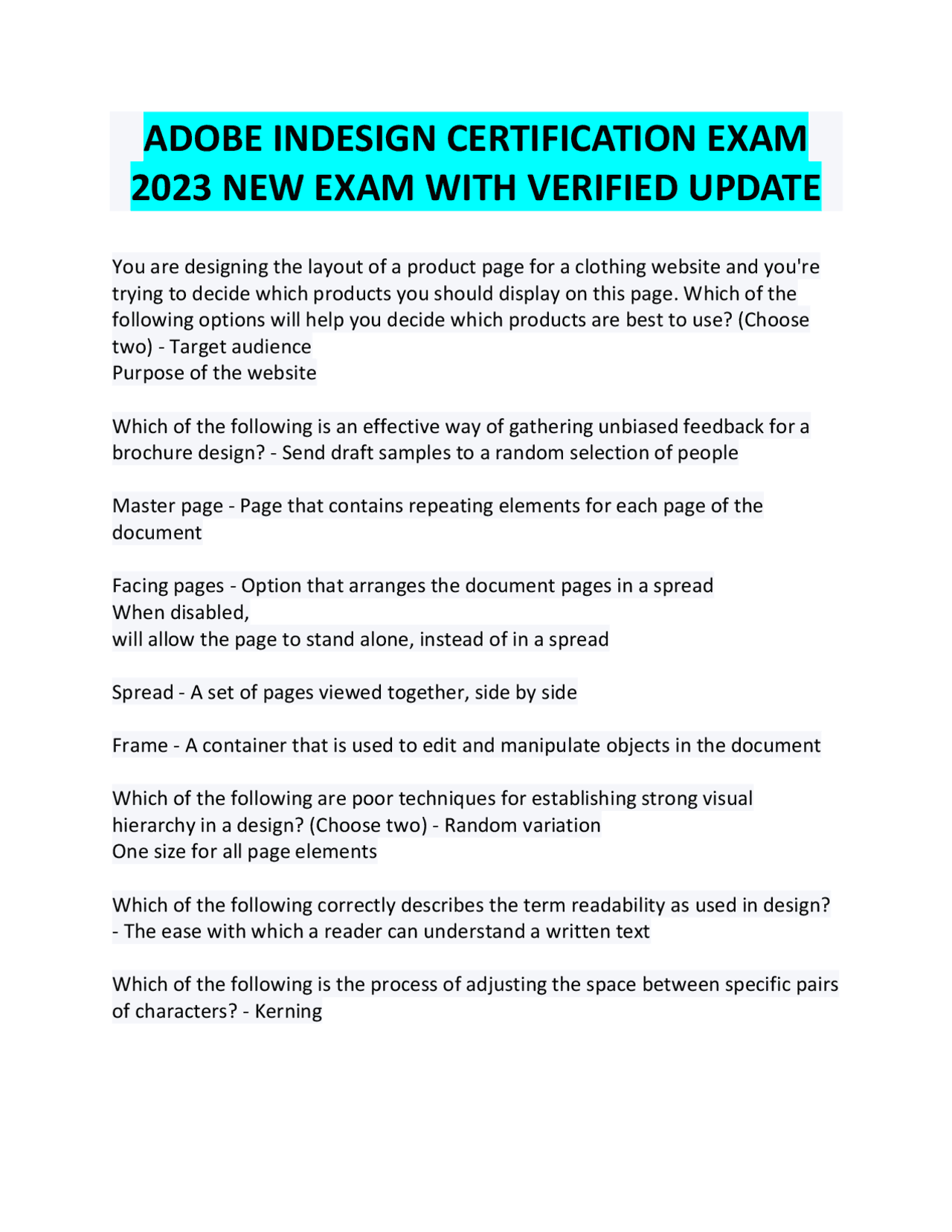 Adobe InDesign Certification Exam 2023 | Exams Advanced Education | Docsity