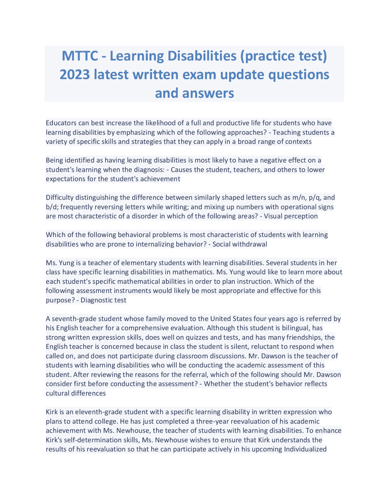MTTC Learning Disabilities (Practice Test) 2023 Latest Exam Update