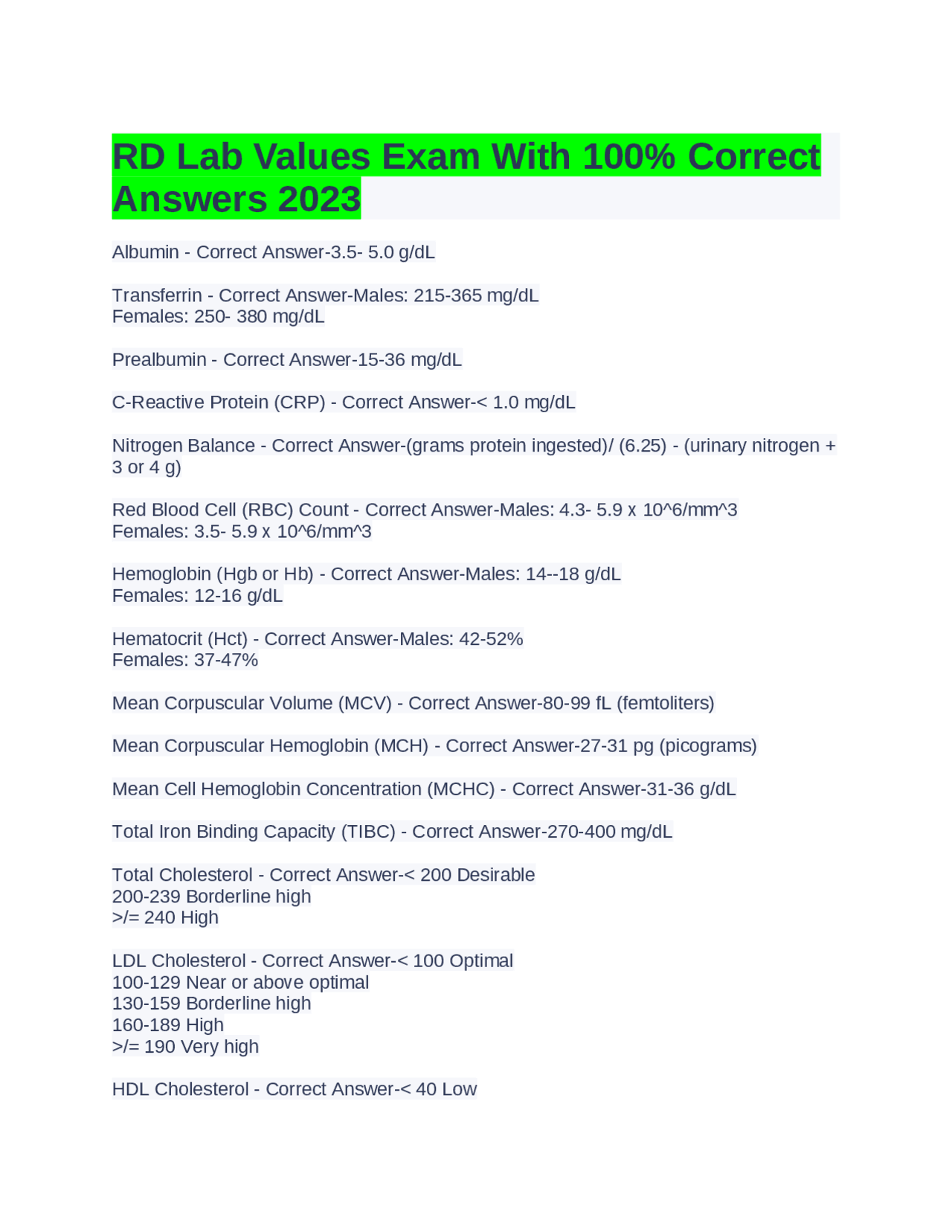 RD Lab Values Exam With 100% Correct Answers 2023 | Exams Advanced ...