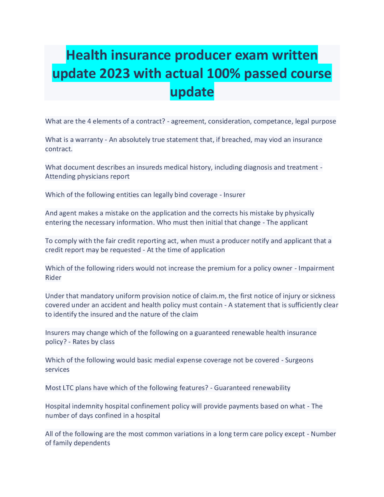 Health Insurance Producer Exam 2023 Update | Exams Advanced Education | Docsity