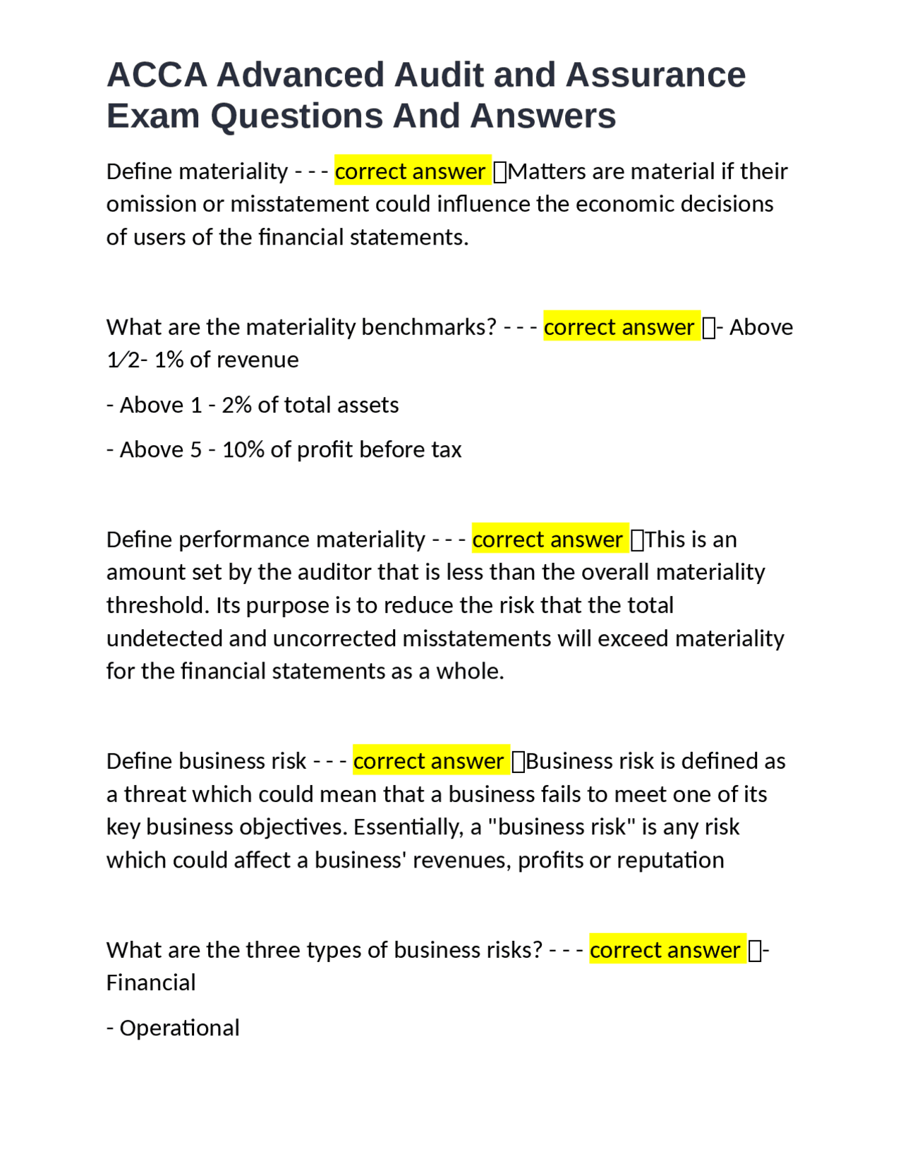 ACCA Advanced Audit and Assurance Exam Questions and Answers | Exams ...