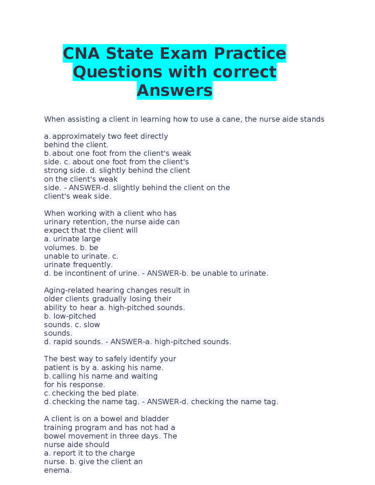 CNA State Exam Practice Questions with Correct Answers | Exams Advanced ...