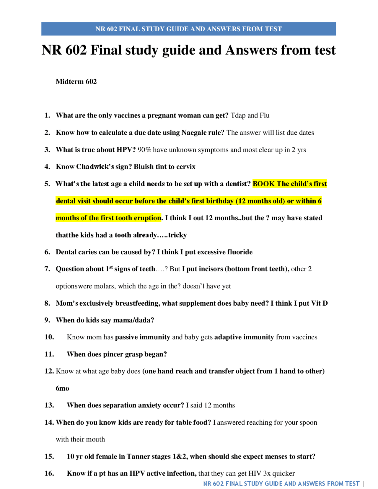 NR 602 Final Exam Study Guide and Answers | Exams Nursing | Docsity