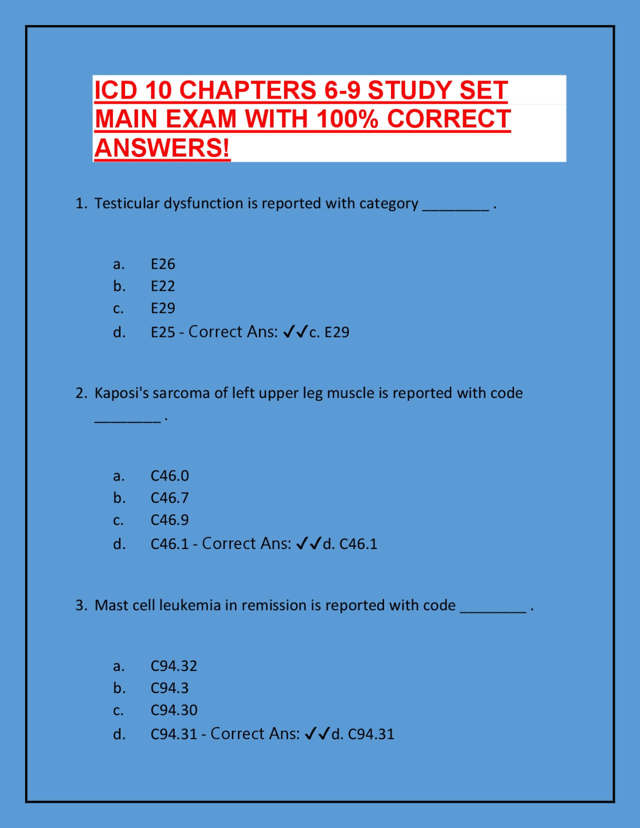 ICD 10 CHAPTERS 6-9 STUDY SET MAIN EXAM WITH 100% CORRECT ANSWERS ...