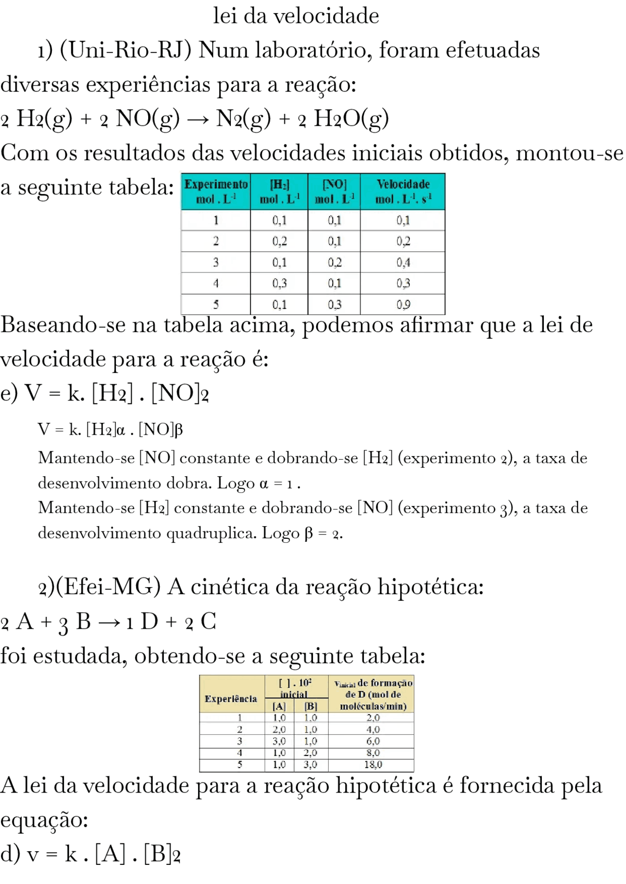 lista de exercícios sobre lei da velocidade | Exercícios Química | Docsity