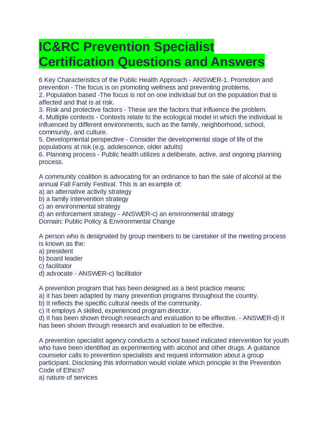 IC&RC Prevention Specialist Certification Questions and Answers | Exams ...