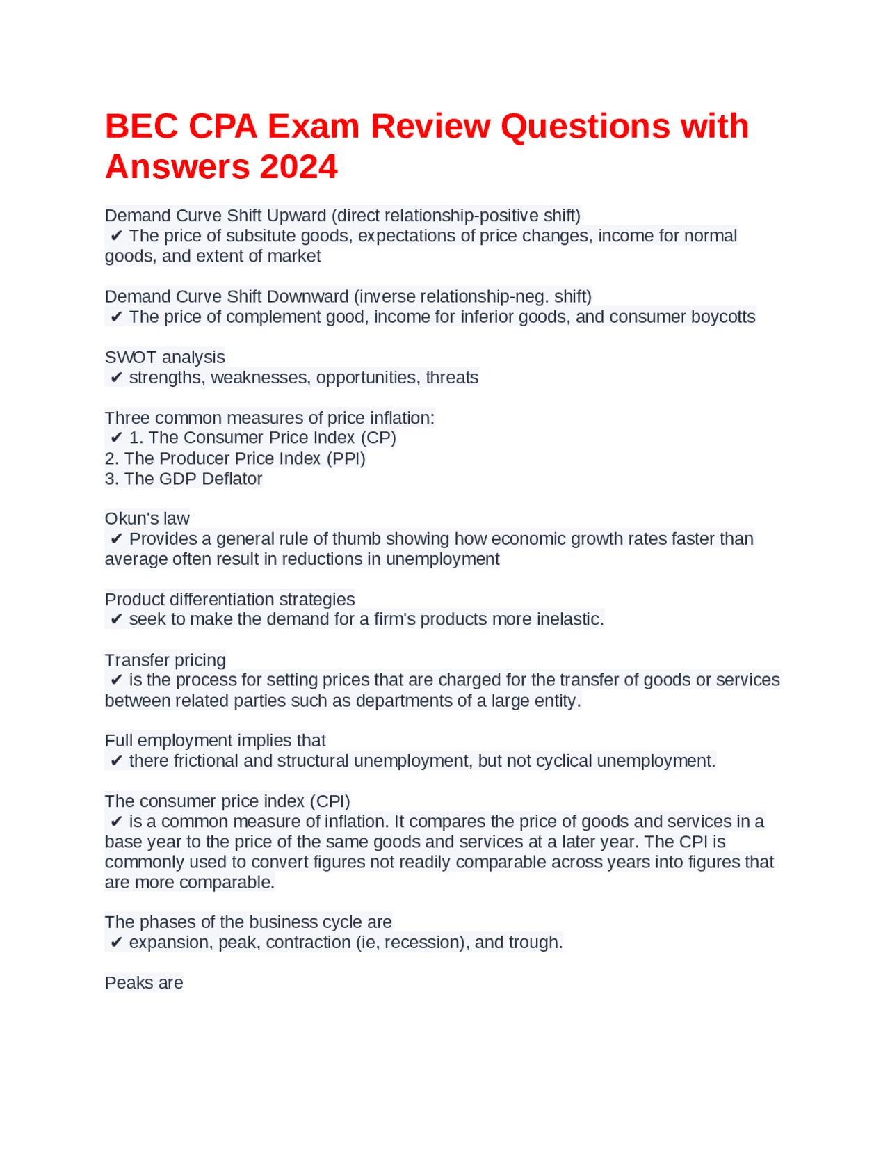 BEC CPA Exam Review Questions with Answers 2024 | Exams Economics | Docsity