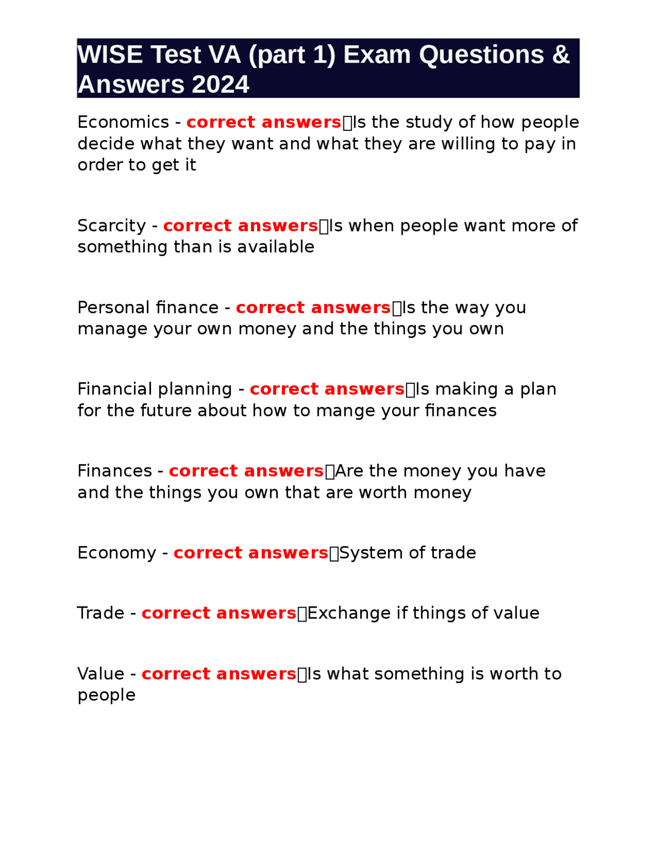 WISE Test VA (part 1) Exam Questions &amp; Answers 2024 | Exams Nursing | Docsity