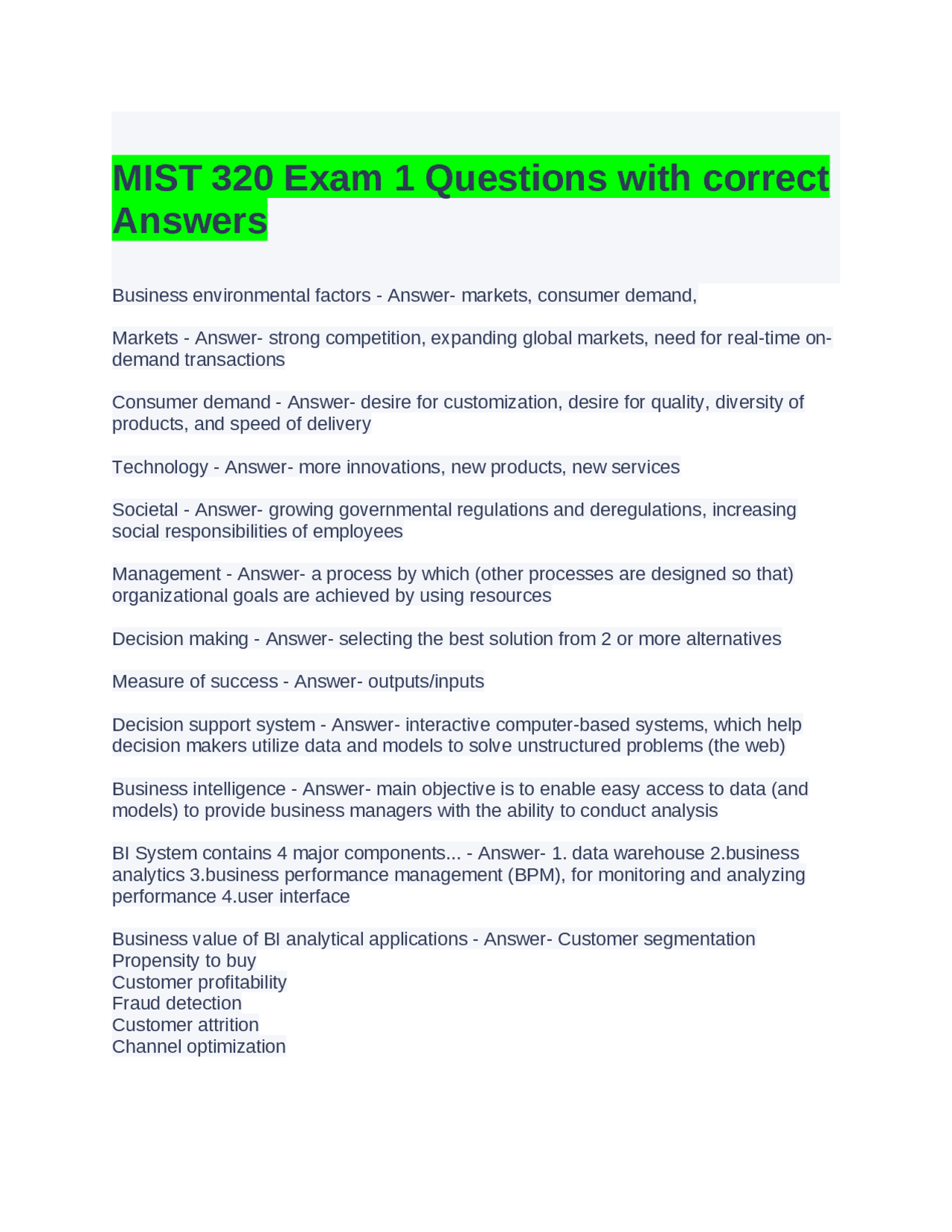 MIST 320 Exam 1 Questions with Correct Answers | Exams Advanced ...