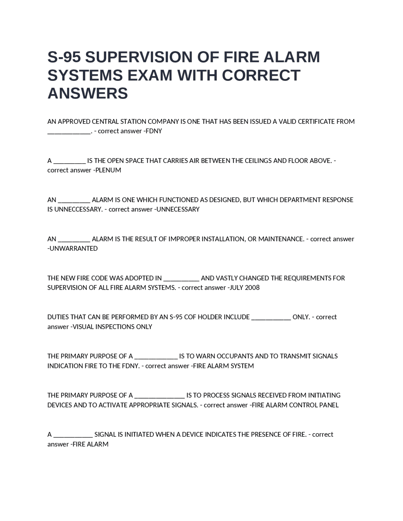 S-95 SUPERVISION OF FIRE ALARM SYSTEMS EXAM WITH CORRECT ANSWERS ...