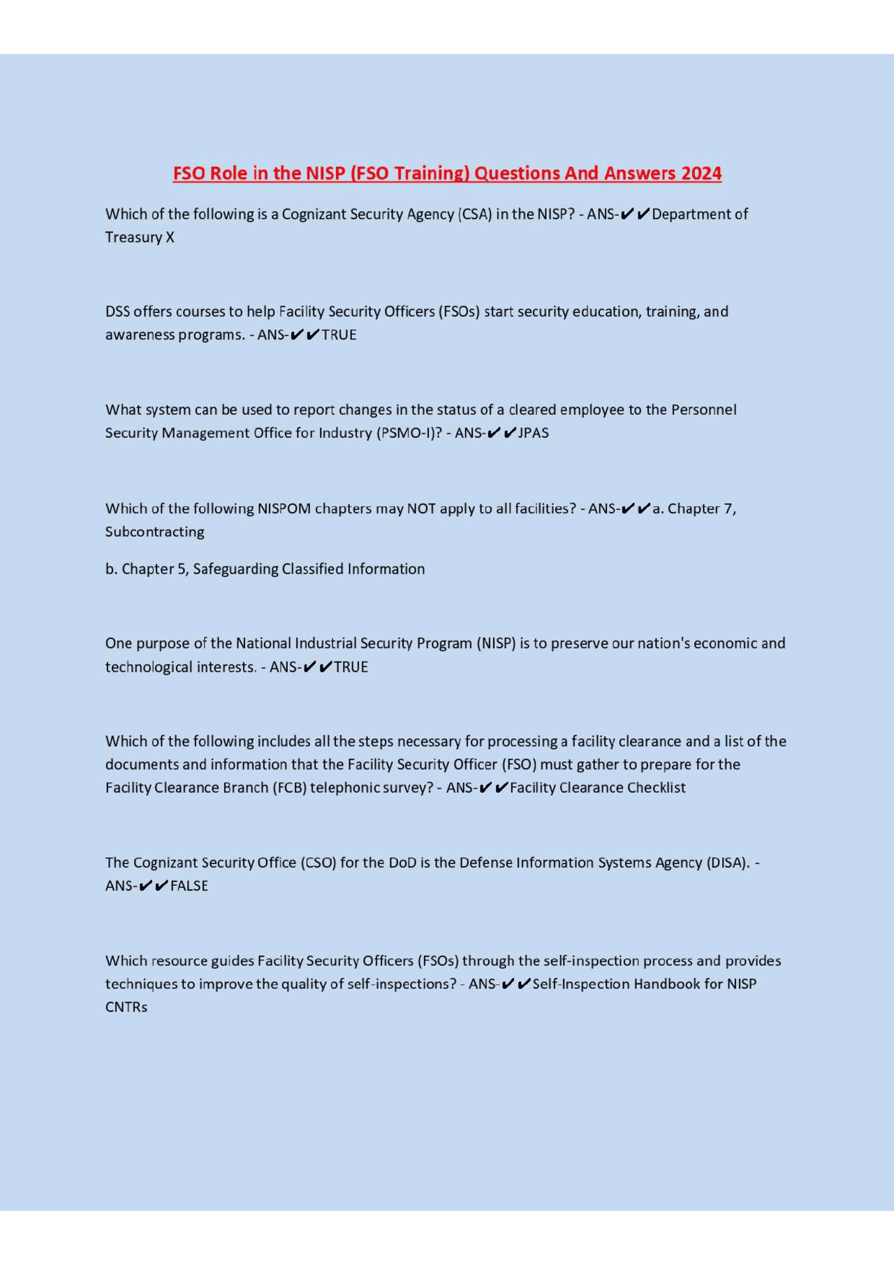 Fso Test Examples FSO Role in the NISP (FSO Training) Questions And Answers 2024 | Exams ...