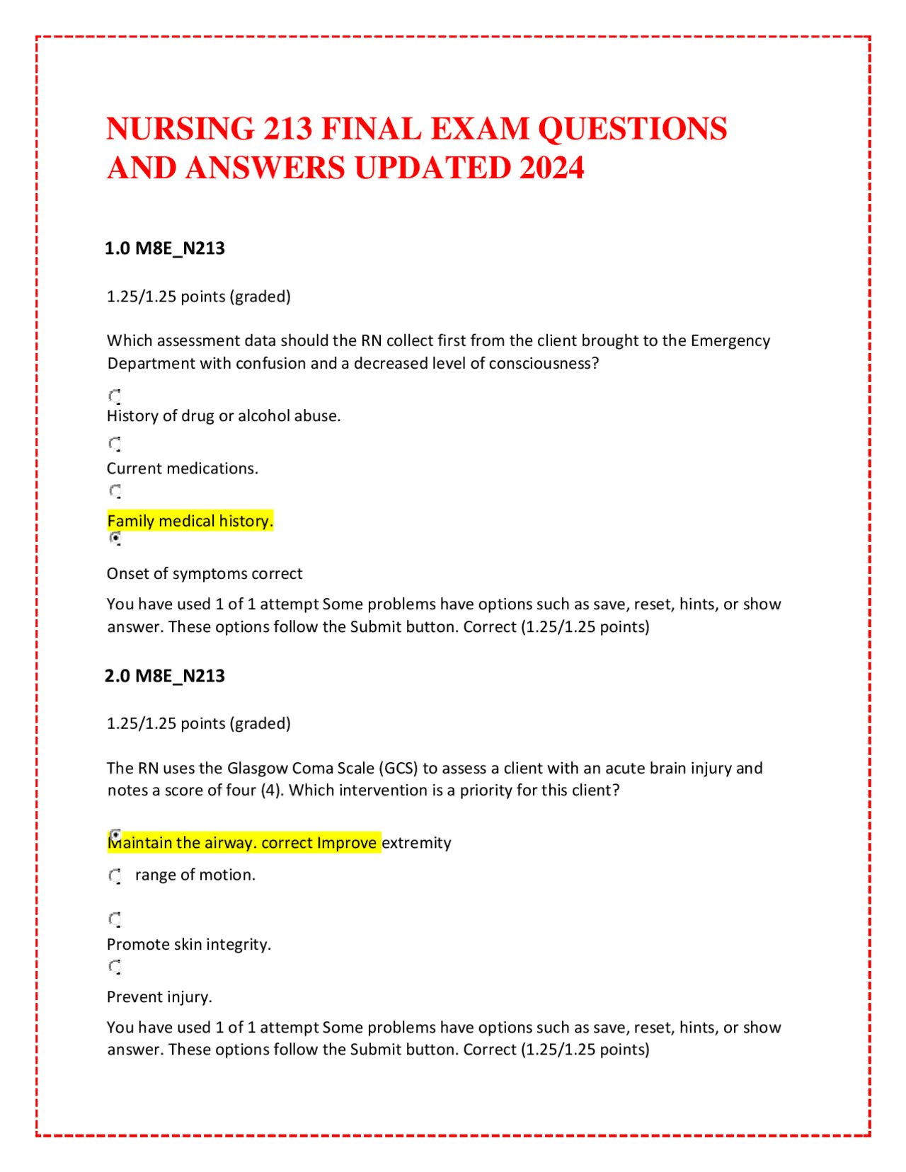 Nursing 213 Final Exam Questions and Answers | Exams Nursing | Docsity