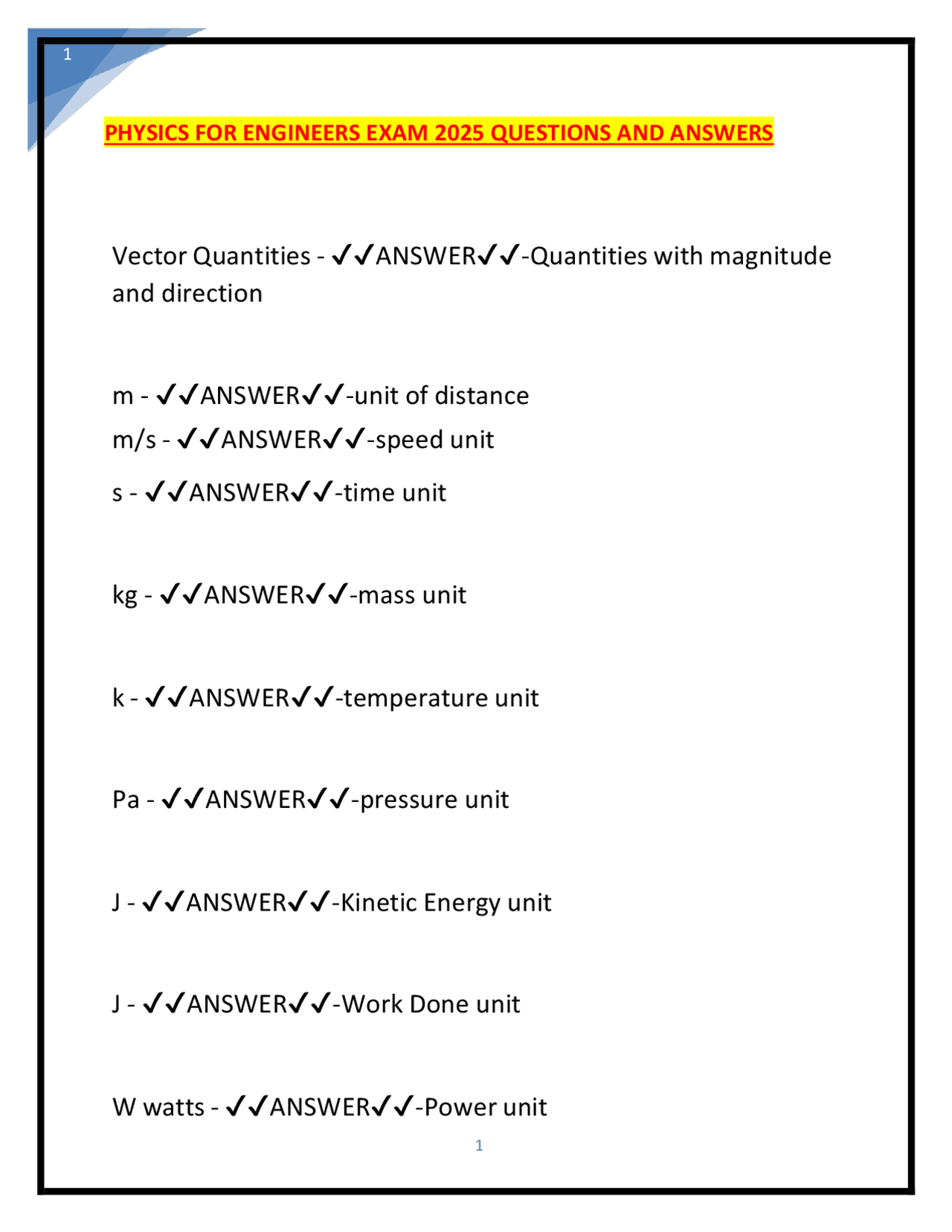 Physics for Engineers Exam 2025 Questions and Answers | Exams Physics ...