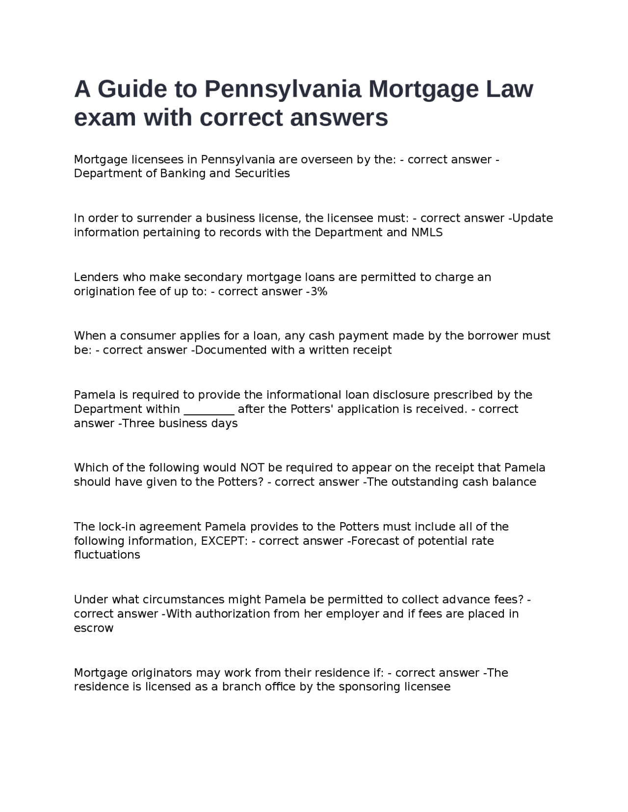 A Guide to Pennsylvania Mortgage Law exam with correct answers. | Exams Cosmetology | Docsity