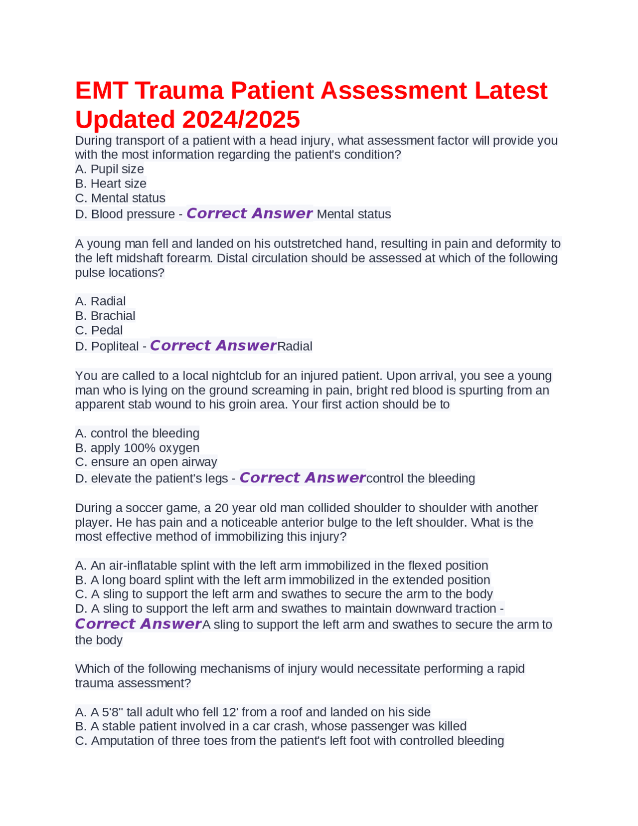 EMT Trauma Patient Assessment Latest Updated 2024/2025 | Exams Nursing ...