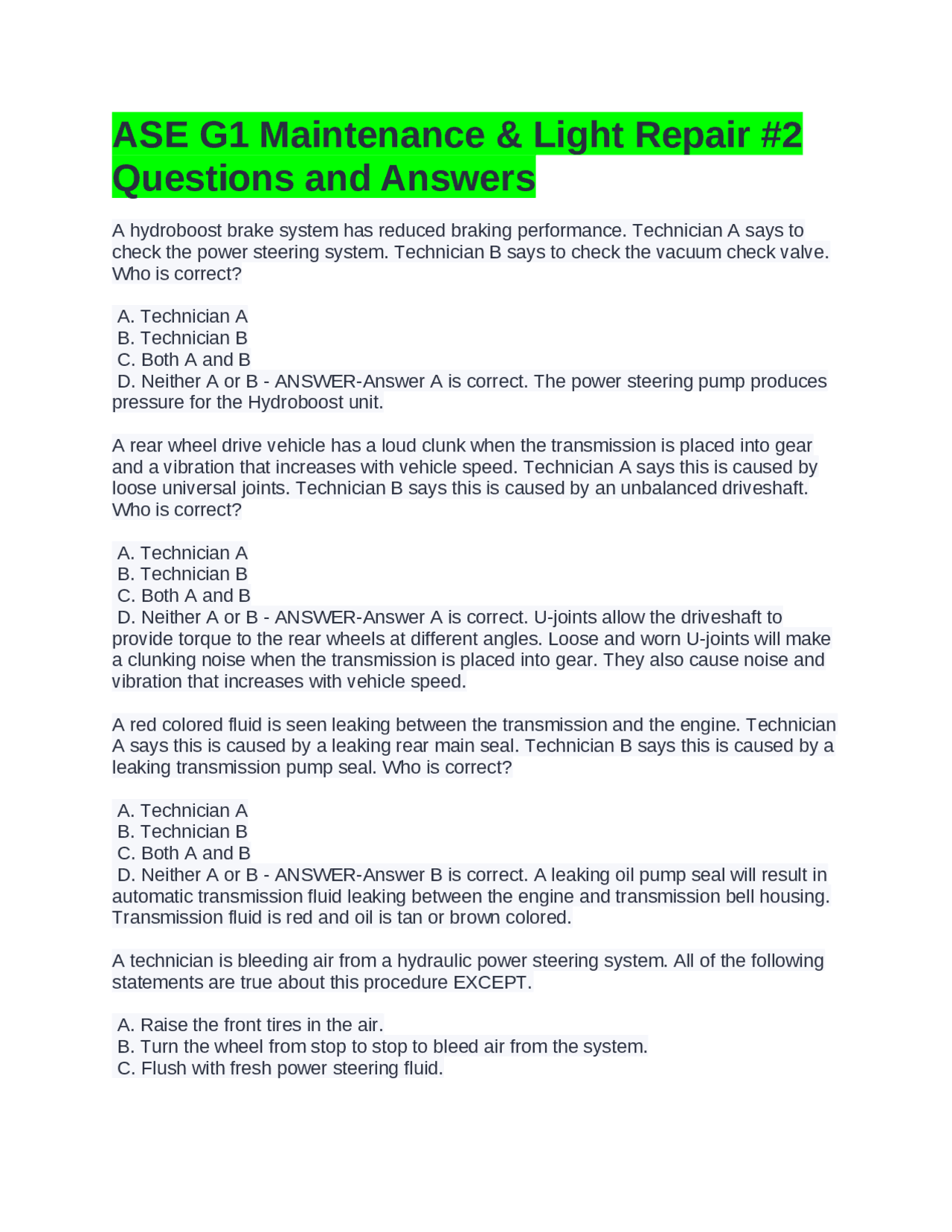 ASE G1 Maintenance & Light Repair #2 - Questions and Answers | Exams ...