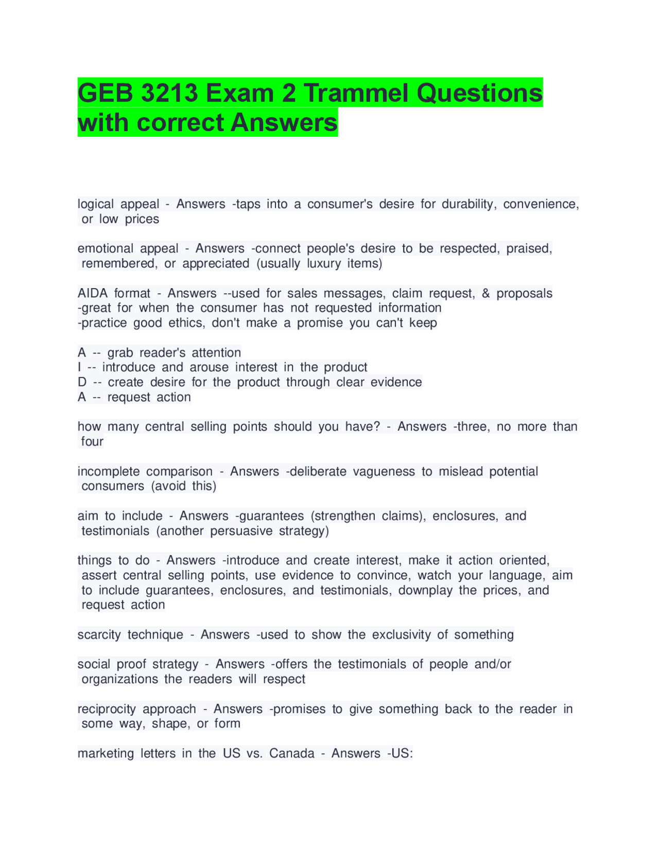 GEB 3213 Exam 2 Trammel Questions with correct Answers | Exams Advanced ...